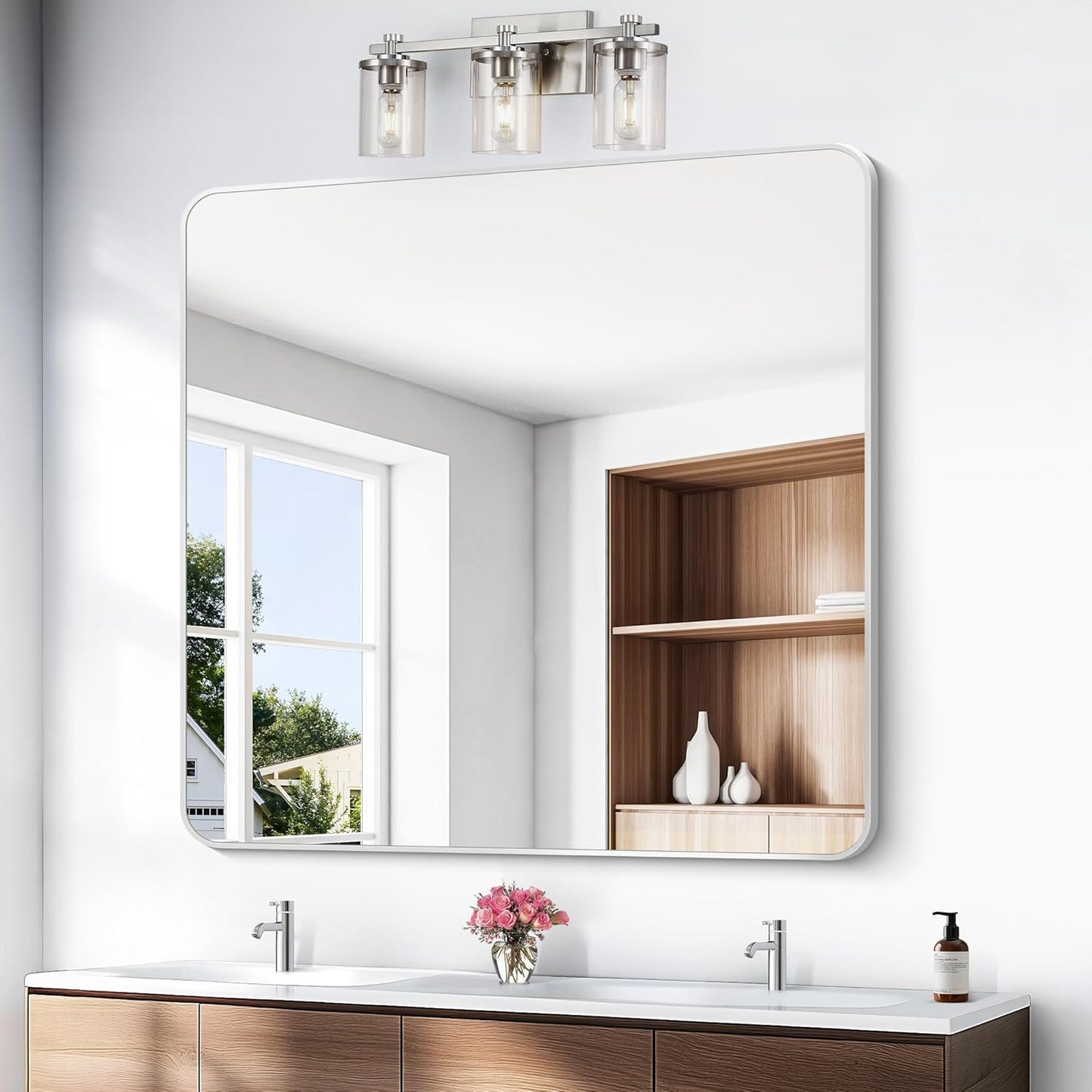 BONEWEI Silver Bathroom Mirror,48x48 inch Wall Mirror for Bathroom Wall Mounted,Rectangle Mirror for Bathroom Over Sink,Modern Frame Round Corner for Living Room,Bedroom Entryway,Horizontal/Vertical