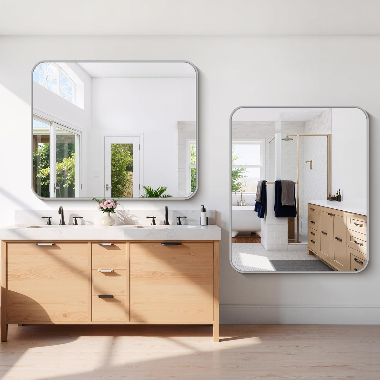 48x40 Inch Silver Bathroom Mirror, Large Rectangle Mirror, Metal Framed Rectangular Vanity Mirror, Rounded Corner Wall Mounted Mirror for Living Room Bedroom Entryway Horizontal or Vertical