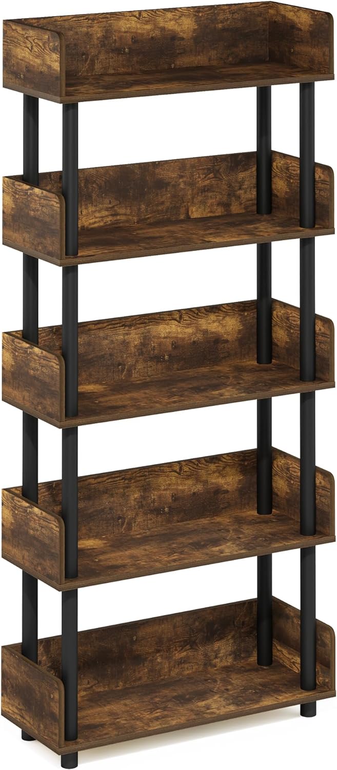 Furinno Turn-N-Tube 5-Tier Multipurposes Display Rack, Open Shelf Rack/Storage with Back & Side Panel, Amber Pine/Black