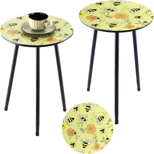 2 Packs Metal Mosaic Round Side Table 13.2" Small Outdoor Patio Round Accent Coffee Tables Indoor Corner Stand for Small Spaces Weather-Resistant for Balcony Plant Stand, Yellow Bee