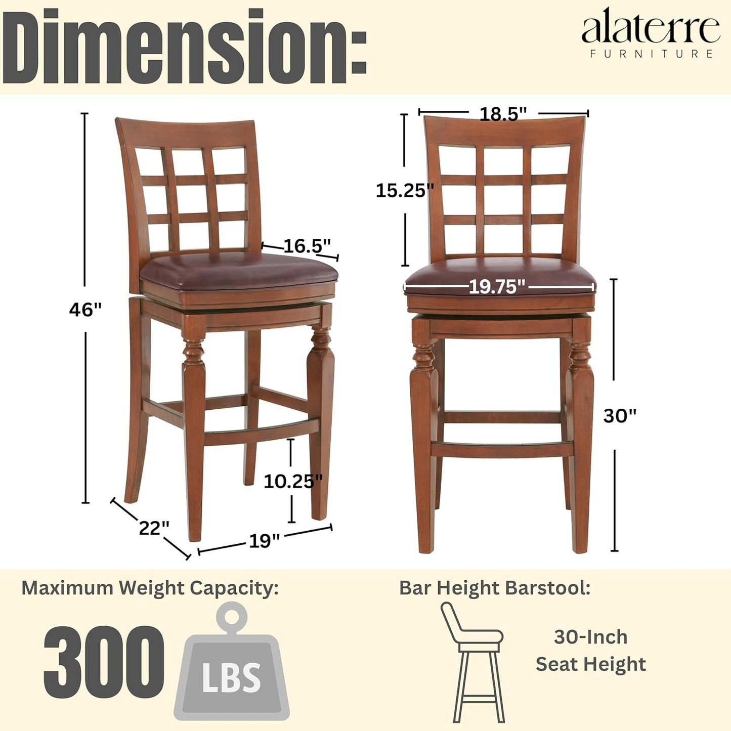 Alaterre Furniture Napa Bar Height Swivel Stool with Back – Faux Leather Upholstered Seat Barstool with Memory Return, Turned Wood Legs, Lattice Back Design, and Metal Kick Plate for Kitchen Islands