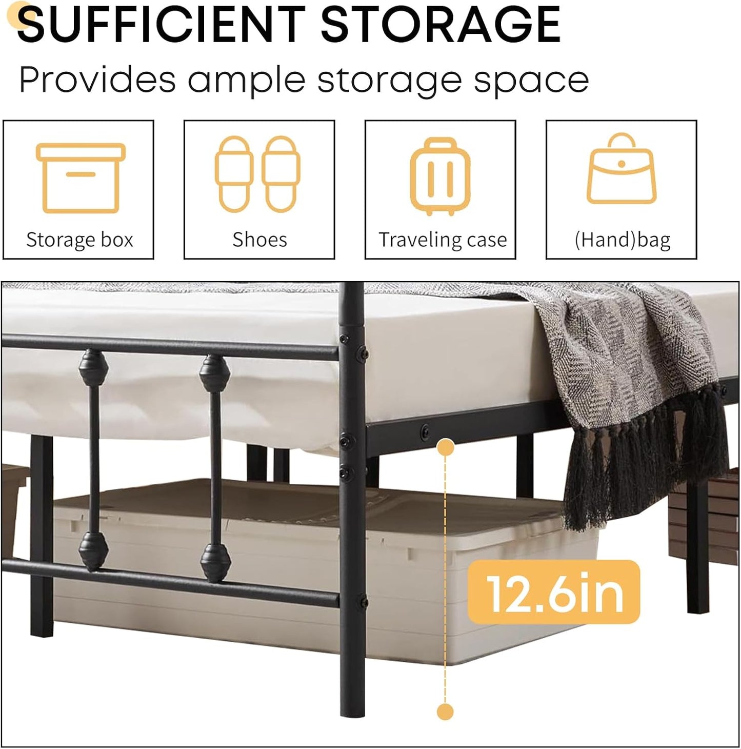 Full Size Bed Frame-Classic Metal Platform Bed Frame Mattress Foundation with Victorian Style Iron-Art Headboard/Footboard/Storage Space/No Box Spring Needed/Black