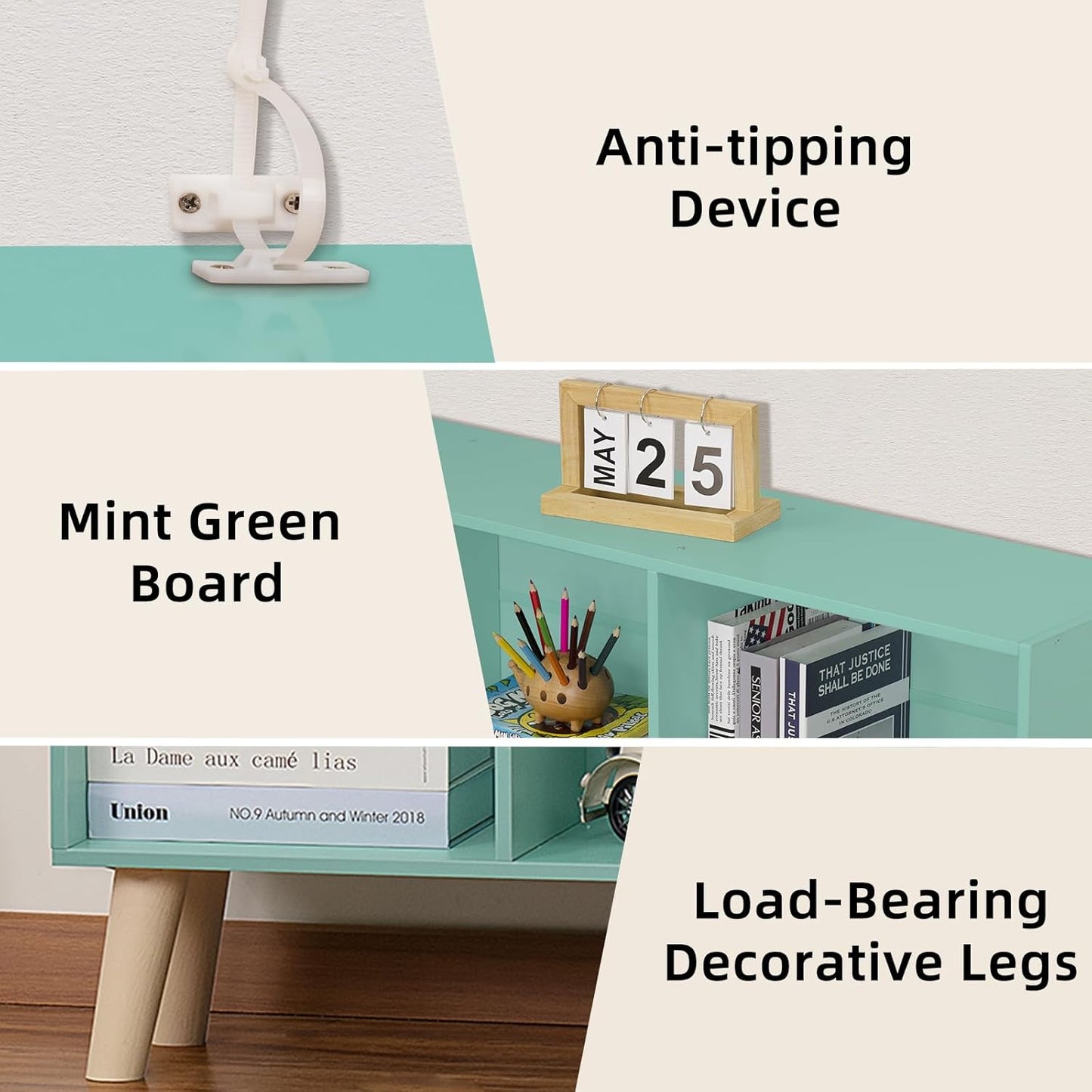 LEYAOYAO 8 Cube Bookshelf 3-Tier Bookcase with Legs, Mint-Green Kids Book Shelf Cute Storage Organizer, Large Open Toy Shelves Modern Bookshelves,Display Bookcases for Bedroom,Living Room,Nursery