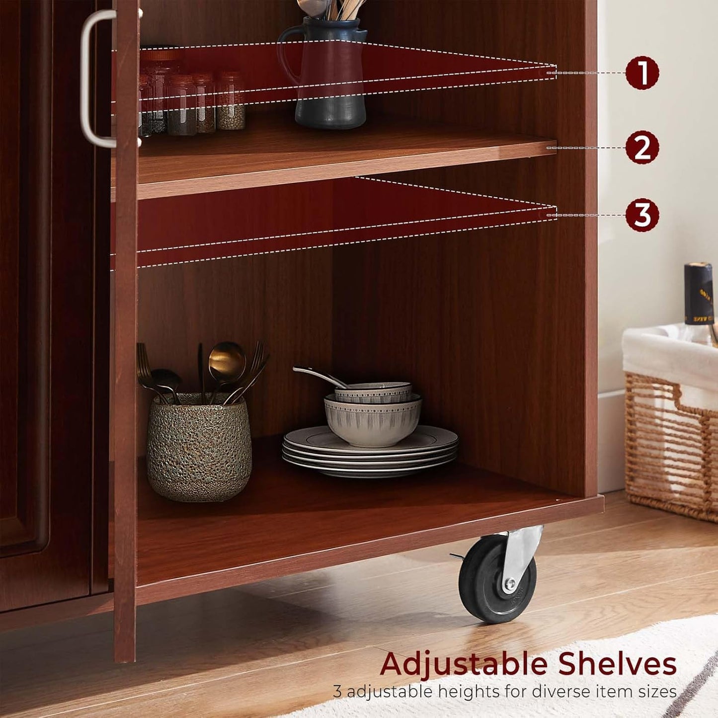 Walnut 54" Rolling Kitchen Island on Wheels, Large Kitchen Cart with Storage Cabinet, Portable Wood Island Table with 2 Drawers and Spice Rack & Towel Rack, Brown