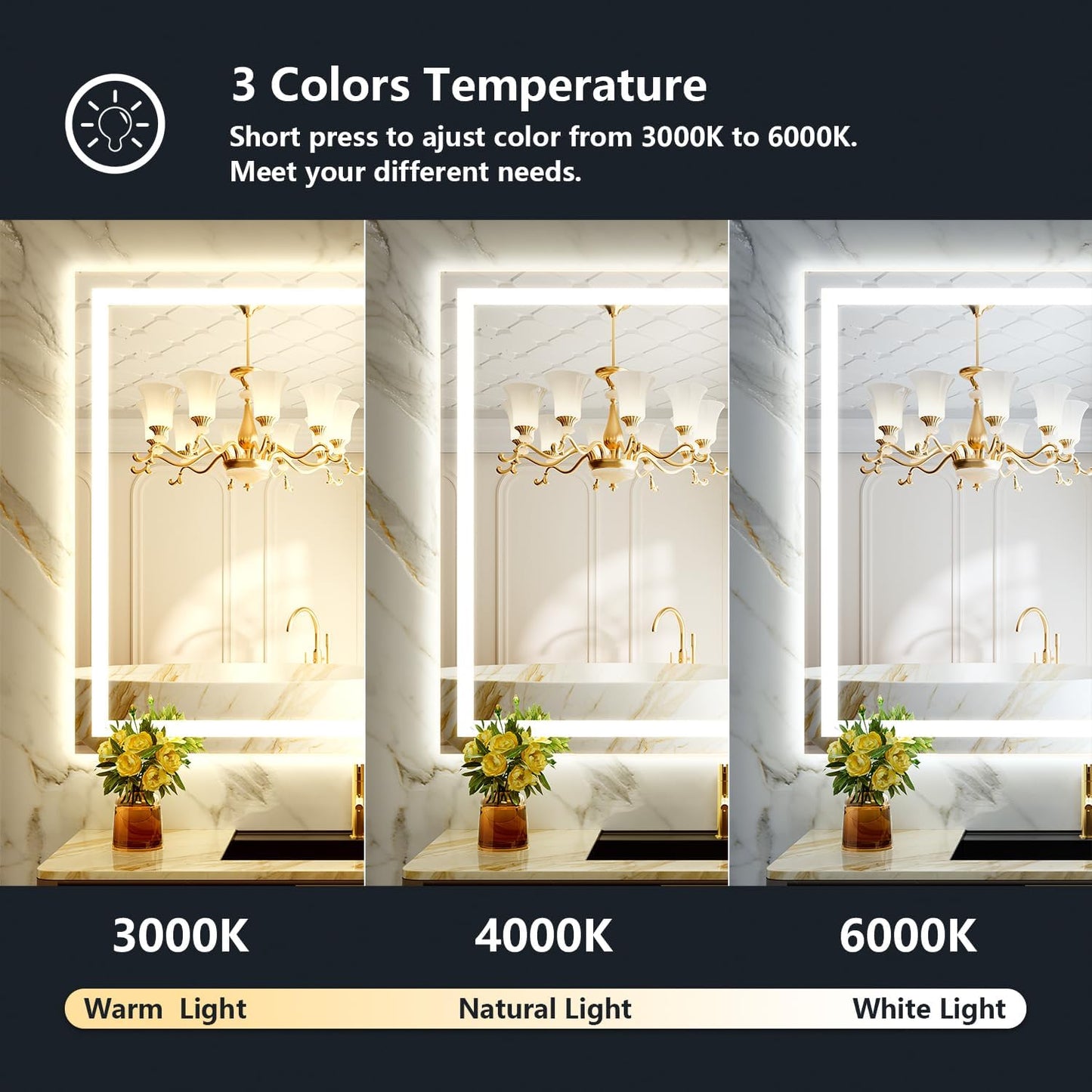 48x40 Inch LED Bathroom Mirror with Lights Front and Backlit Lighted Vanity Mirror for Bathroom Wall with 3 Colors Dimmable Anti-Fog Memory Tempered Glass Horizontal/Vertical