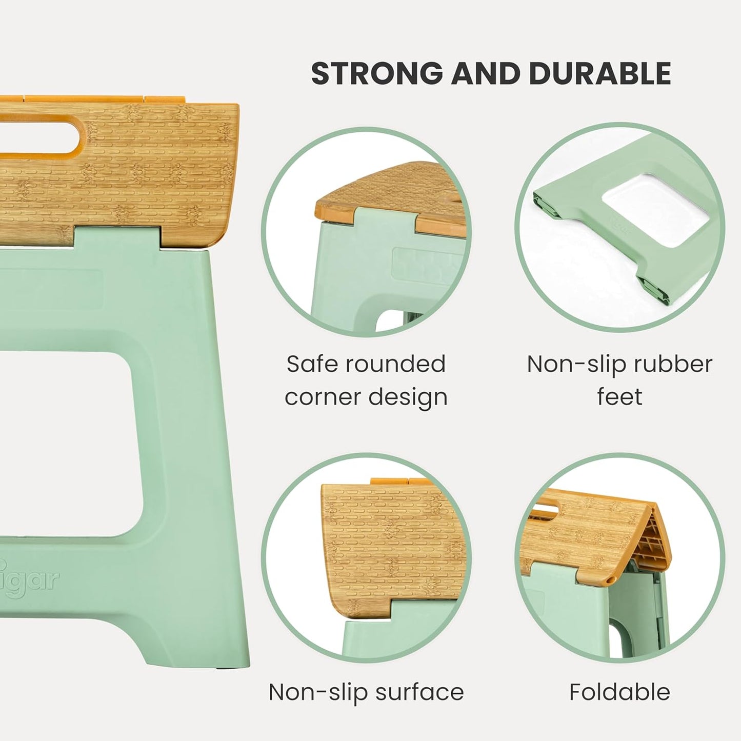 Vigar Compact Step Stool Foldable, 12-1/2-inch Step Stools for Adults up to 330 Pound, Lightweight Stool, Non-Slip Folding Step Stool, Bamboo Print on Top, Vintage Green