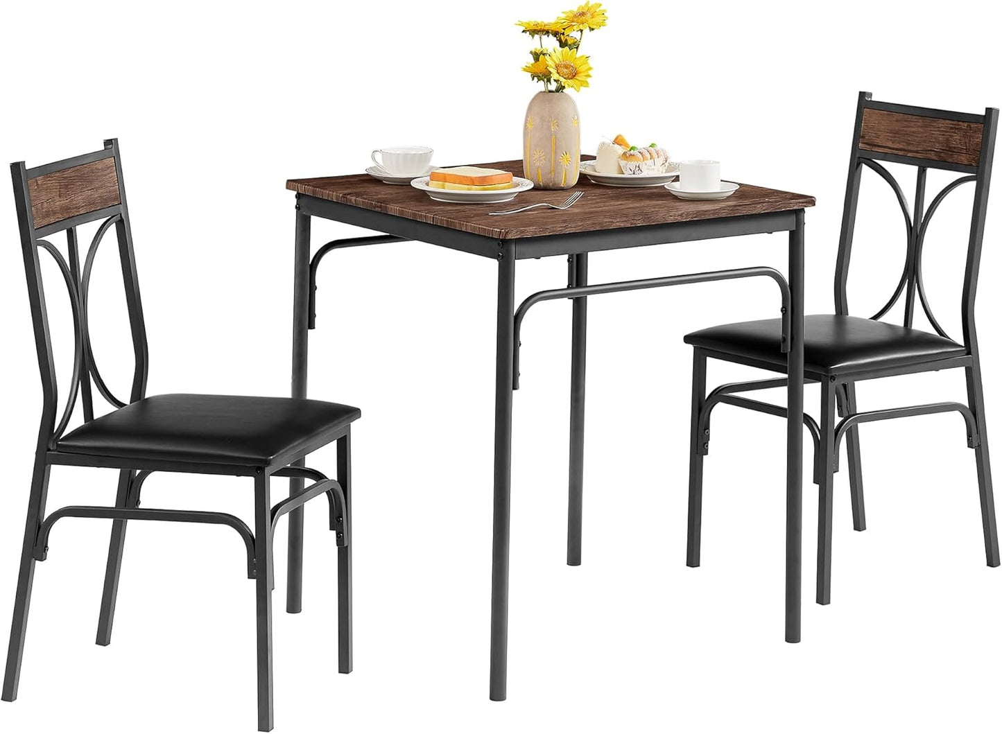 VECELO Kitchen Dining Room Table Set with 2 Chairs for Small Space, Apartment,Metal Steel Frame