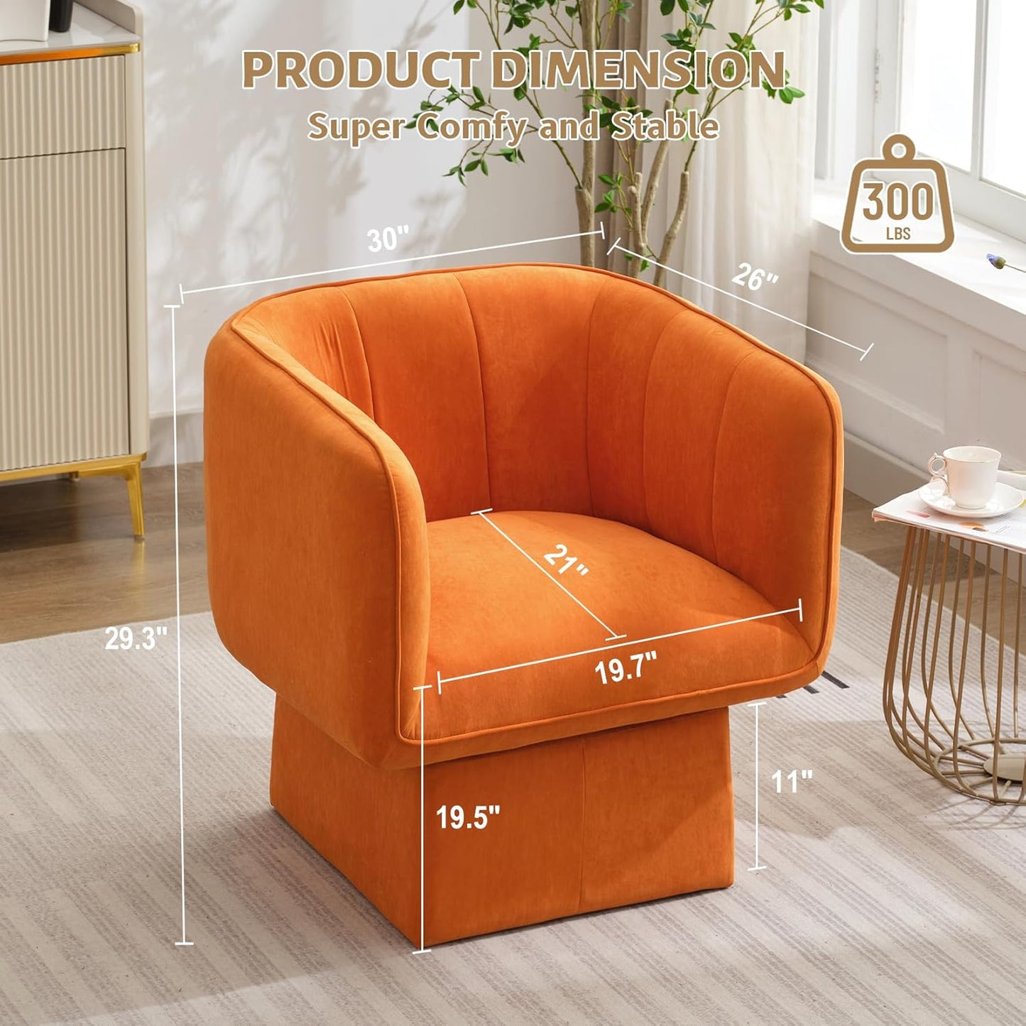 Swivel Accent Chair with Armrest, Modern Velvet Barrel Chair 360 Degree with Curve Back and Soft Cushion,Comfy Round Armchair Reading Chair Single Sofa for LivingRoom,Bedroom,Waiting Room,Orange