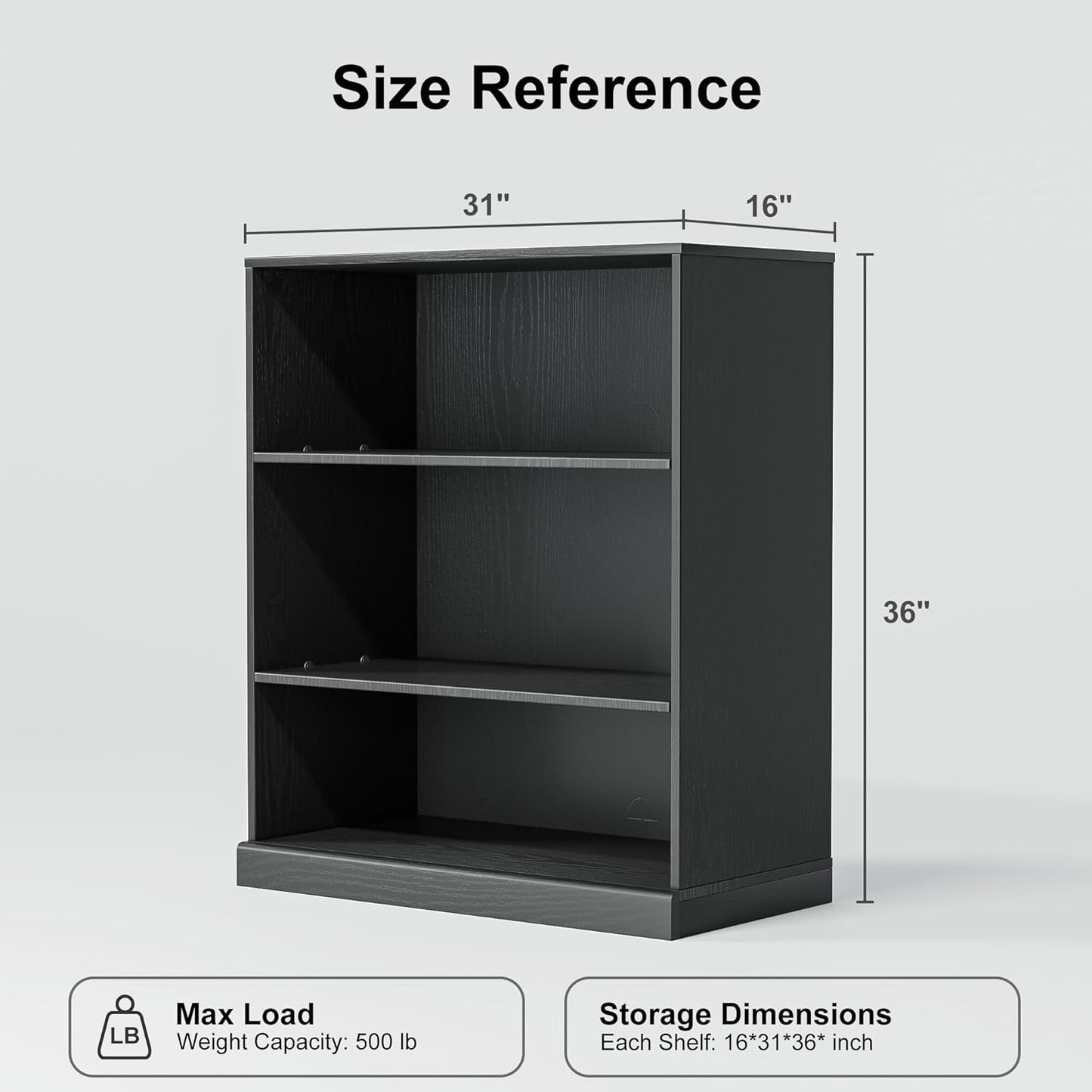 36" Wooden Book Shelf, 2 Shelf Bookcase, Modern Bookshelf with Adjustable Shelf for Home Office, Study Room, Black