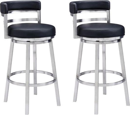 Armen Living Madrid 30" Seat Height Swivel Modern Black Faux Leather and Brushed Stainless Steel Bar Stool for Kitchen Island Counter, Set of 2