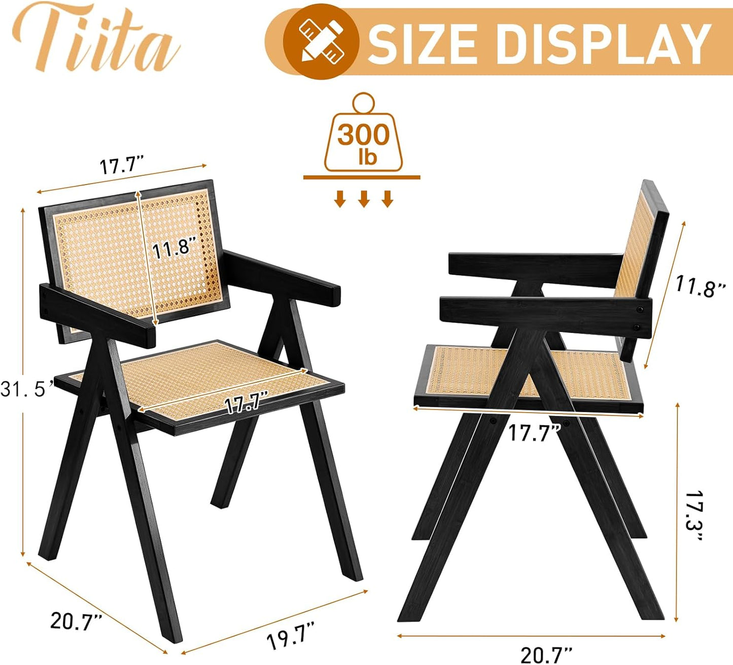 Tiita Rattan Accent Chairs, Mid Century Modern Dining Chairs Set of 2, Bamboo Living Room Chair for Reading Room Dining Kitchen, Black