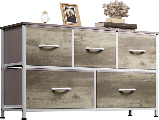 WLIVE Dresser for Bedroom with 5 Drawers, Wide Chest of Drawers, Fabric Dresser, Storage Organizer Unit with Fabric Bins for Closet, Living Room, Hallway, Greige Oak