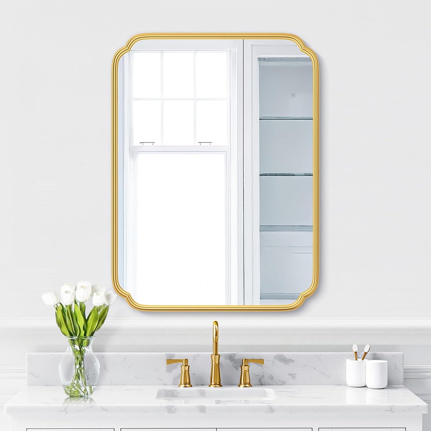 28"x36" Gold Bathroom Mirror with Rustproof Metal Frame, Modern Rounded Corner Wall Mirror for Vanity Over Sink, Horizontal/Vertical Hanging