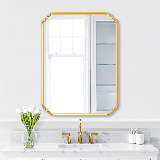 28"x36" Gold Bathroom Mirror with Rustproof Metal Frame, Modern Rounded Corner Wall Mirror for Vanity Over Sink, Horizontal/Vertical Hanging
