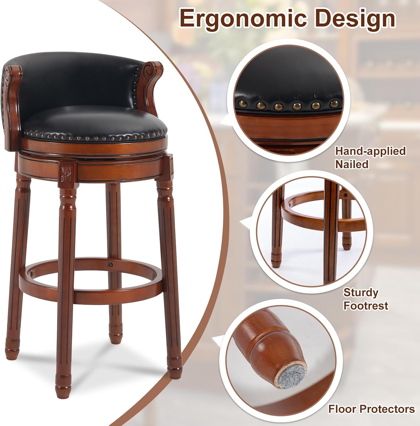 CozyRain Bar Stools Rubber Wood Counter Height Bar Stool Leather Upholstered Swivel Barstools with Back & Footrest for Home,Kitchen,Counter,Dining Room (Black, Seat Height 29.5 in)