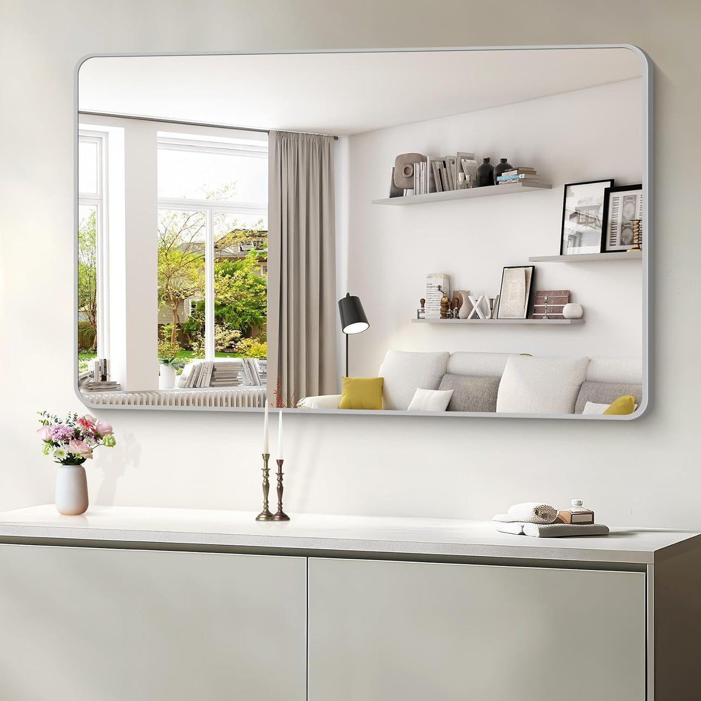 55x36 Inch Silver Bathroom Mirror, Large Rectangular Vanity Mirror, Metal Framed Rectangle Mirror, Rounded Corner Wall Mounted Mirrors for Living Room Bedroom Entryway Horizontal or Vertical