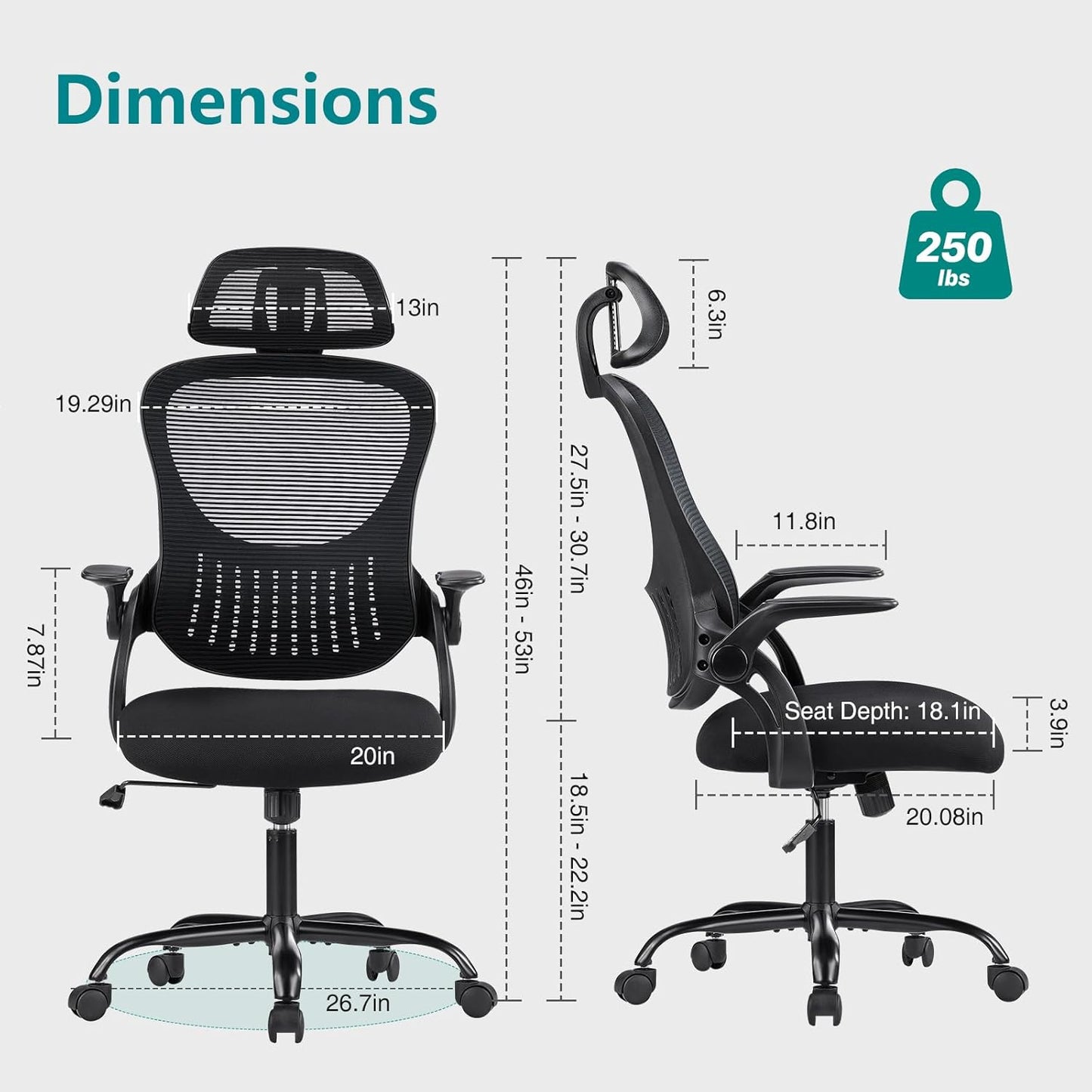 SMUG Office Chair Ergonomic Desk Lumbar Support, Computer Chairs Gaming Mesh with Wheels and Headrests, Flip-up Arm,Adjustable Position for Home, Work, Study, Black