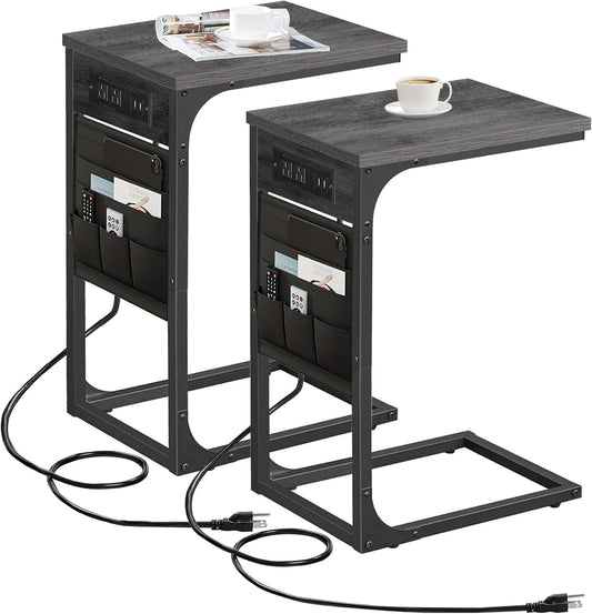 TUTOTAK C Shaped End Table with Charging Station, Side Table for Sofa, Couch Table with Storage Bag, Set of 2, TV Tray Table with 2 USB Ports and Outlets for Living Room, Bedroom, TB01BY0242