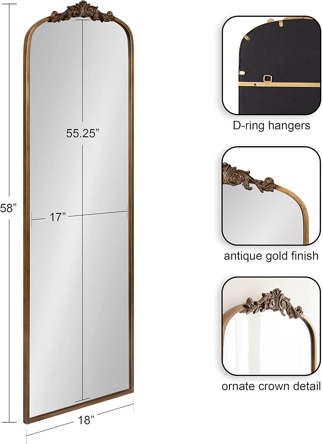 Kate and Laurel Arendahl Glam Arched Vintage Full Length Mirror; 18 x 58; Gold; Traditional Baroque Full Body Wall Mirror with Ornate Garland Inspired Crown