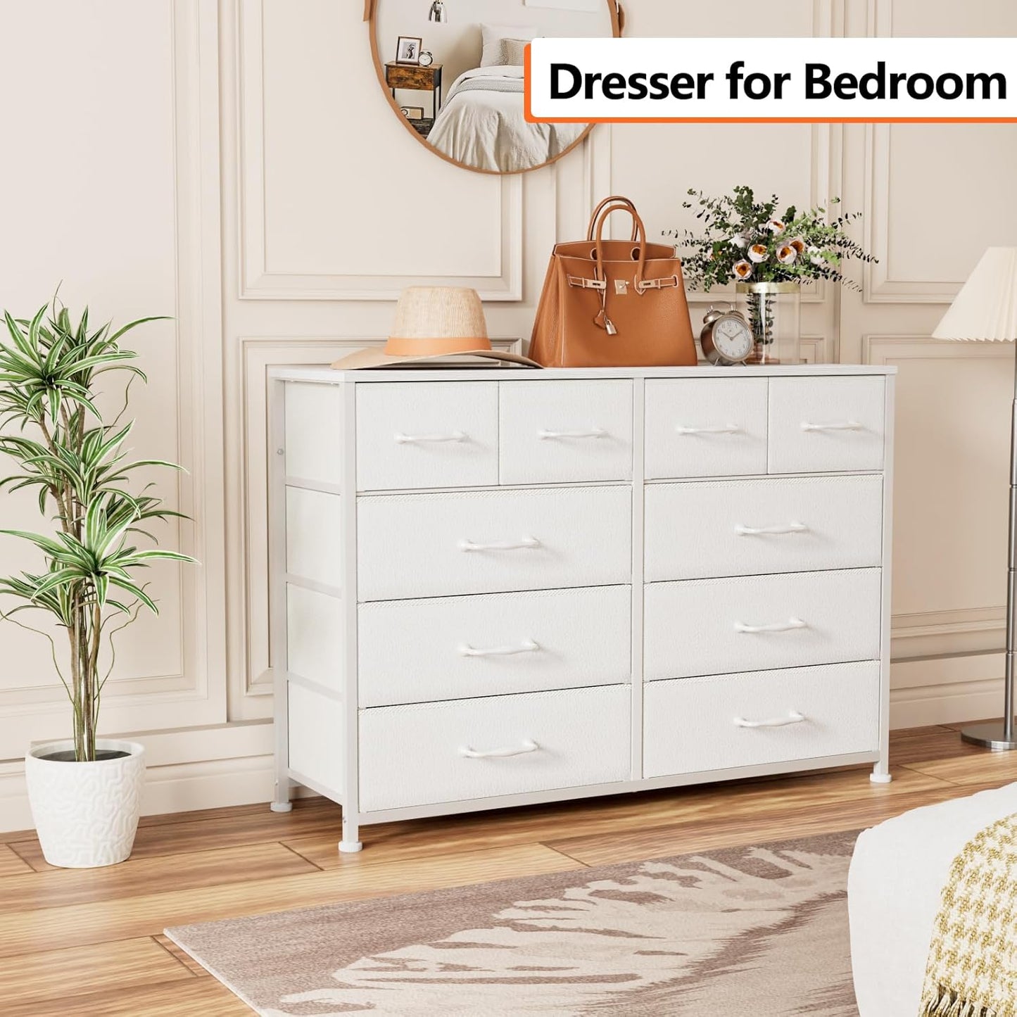 Furnulem Bedroom Dresser White for 55”Long TV Stand Entertainment Center Dressers & Chests of Drawers,10 Storage Fabric Drawer, Sturdy Metal Frame Tall Storage Cabinet for Living Room, Entryway