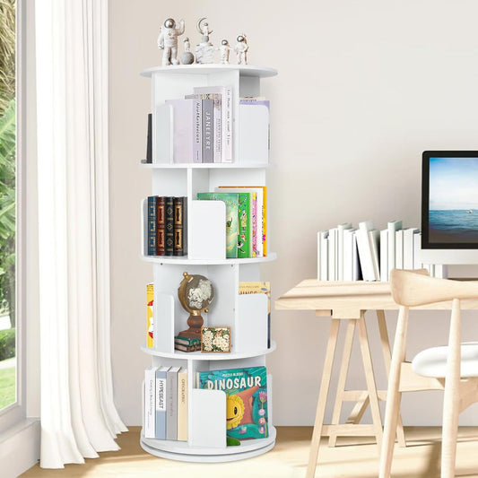 Rotating Bookshelf,Wooden Rotating Corner 4-Tier 360 Display Spinning Floor Standing Bookcase White Stackable Bookshelf Storage Rack Organizer for Small Space Bedroom Living Room Study Room