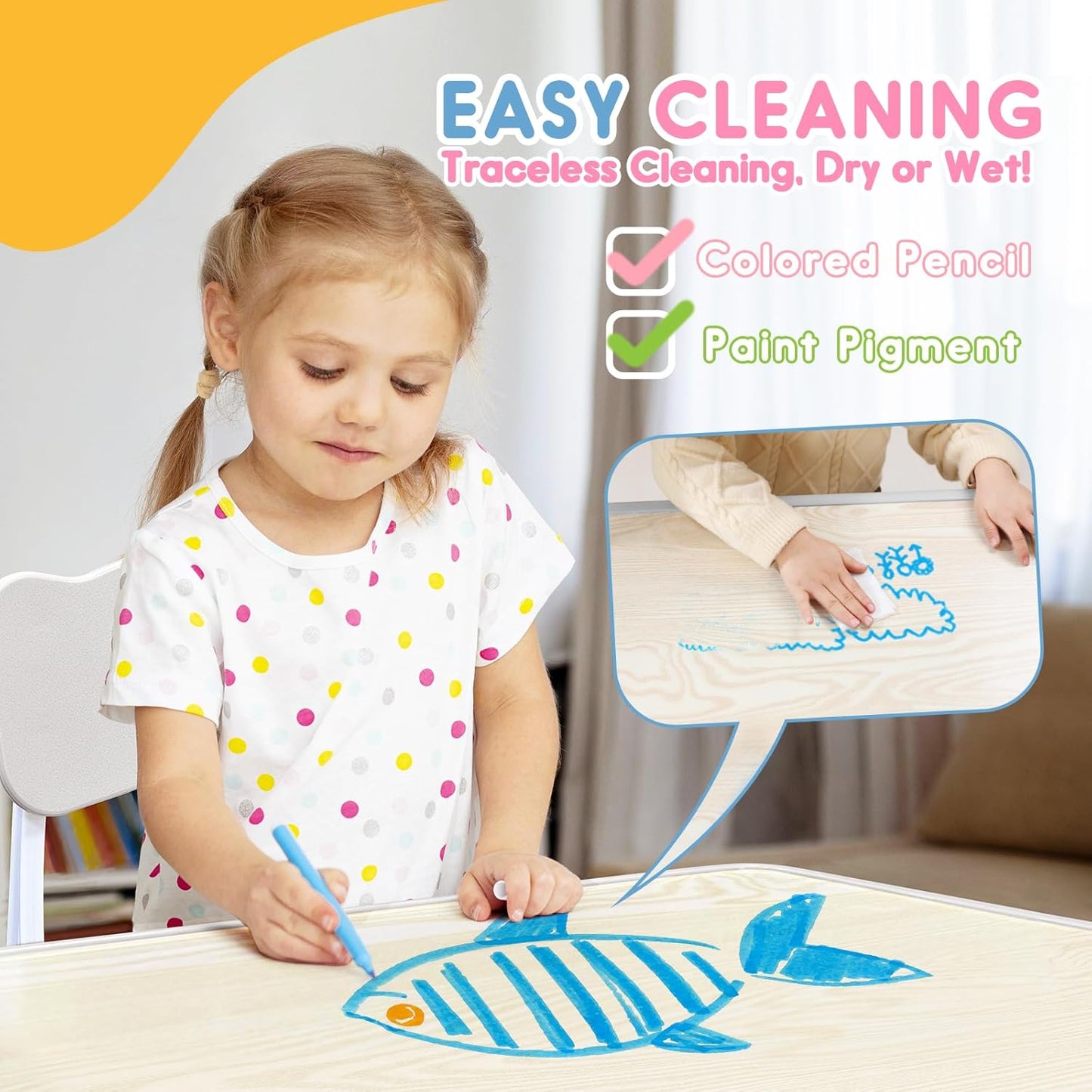 Kids Table & Chair Set with Adjustable Toddler-Safe Non-Slip Legs, Activity & Graffiti-Proof Desktop Ages 3-12