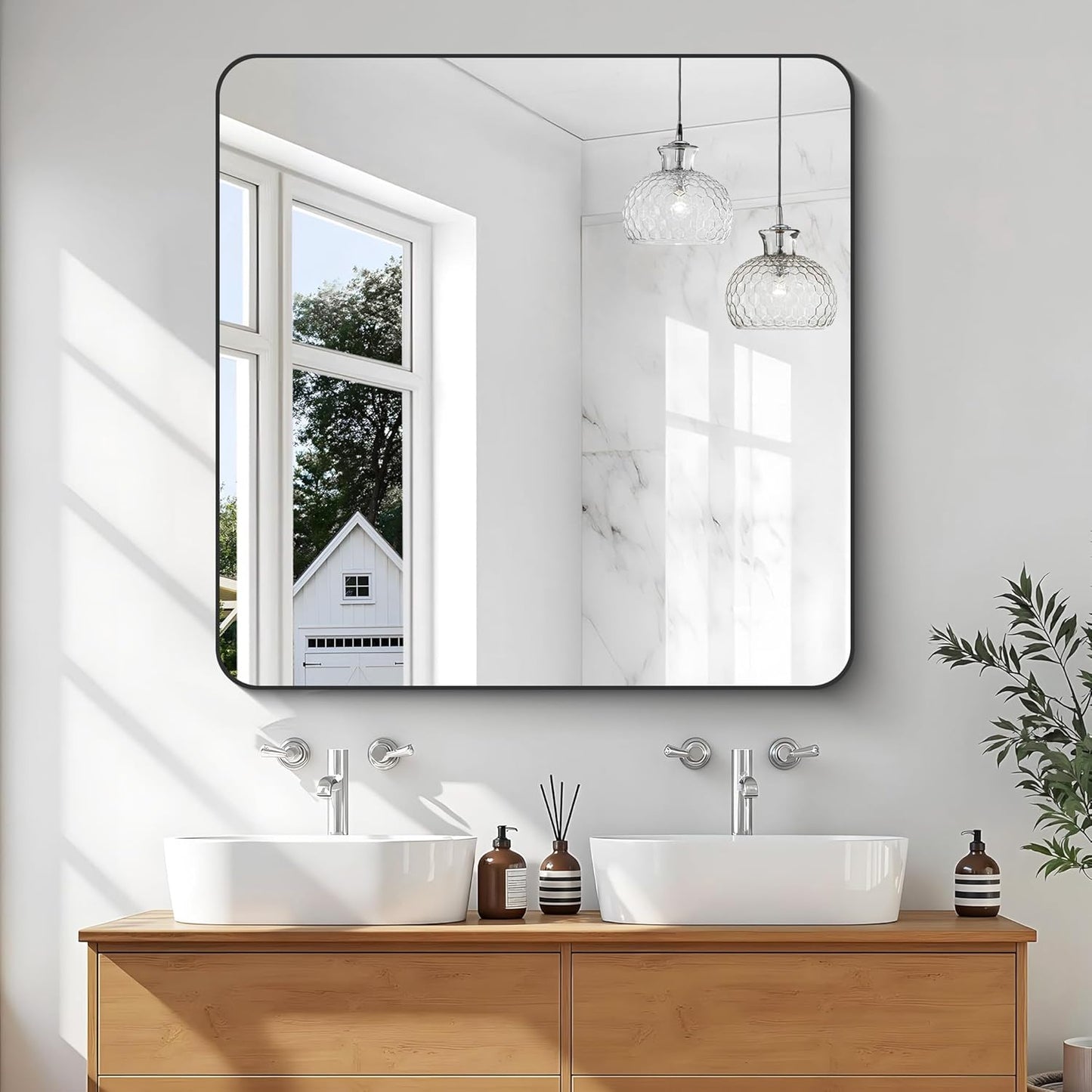KOCUUY Black Bathroom Mirror 40"x40", Large Square Vanity Mirror with Rounded Corner, Metal Black Frame with Mordern Design for Bathroom, Living Room, Entryway, Hang Horizontal/Vertical