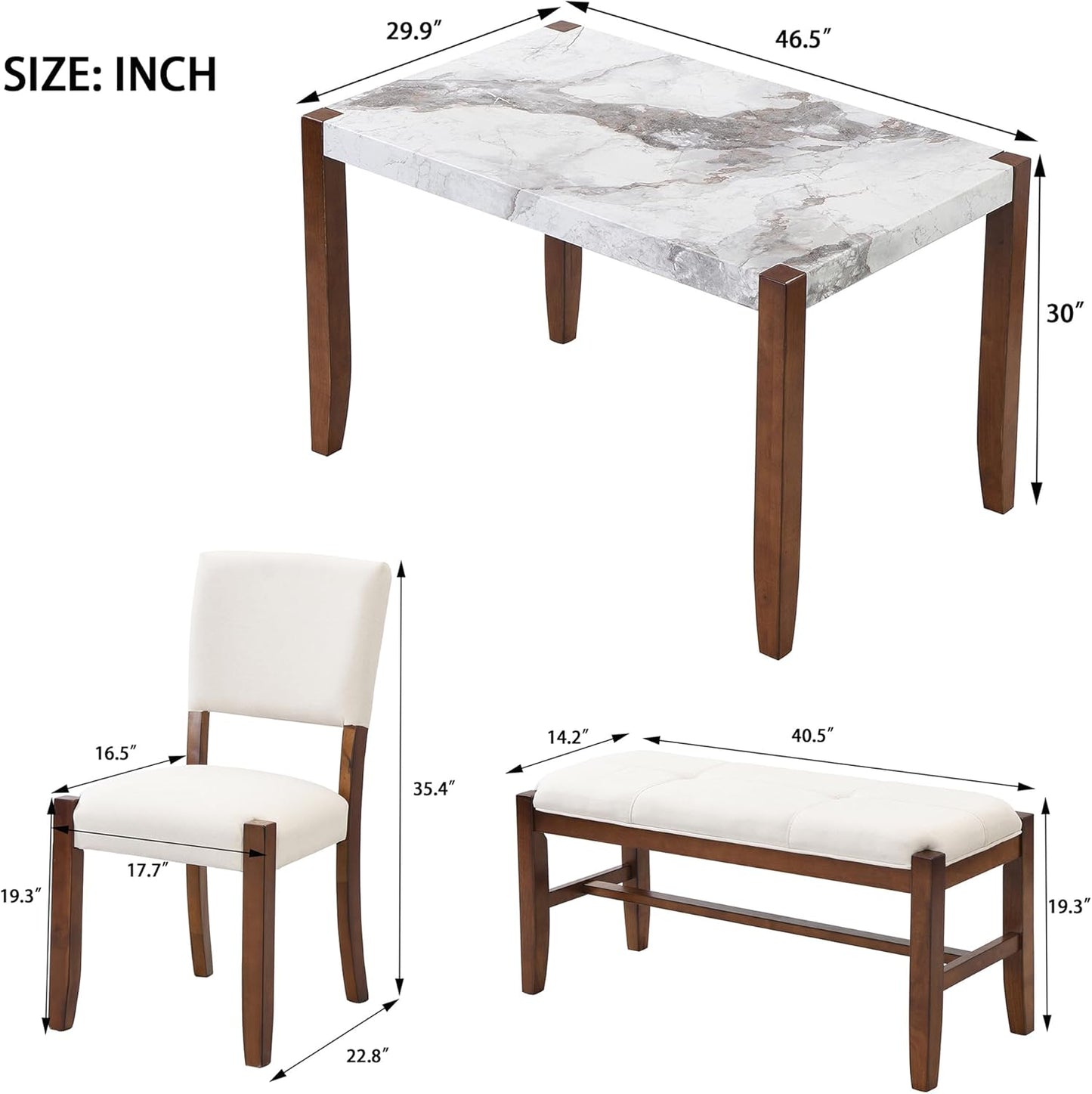 Ball & Cast 4-Piece Dining Furniture Set with 2 Upholstered Chairs & 1 Bench,Dining Table Set for 4 W/ 46" Faux Marble Style Table,for Restaurant,Home Bistro,Off White