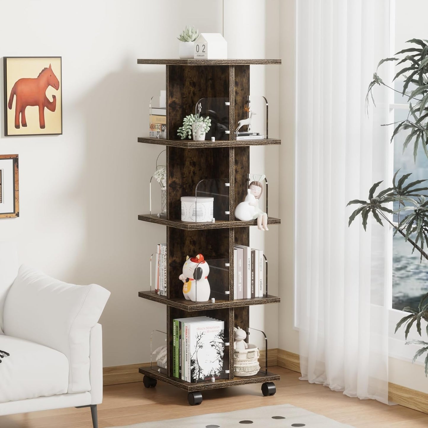 VECELO 4-Tier Rotating Bookshelf, Modern Swivel Bookcase, Vintage Book Shelf for 360° Display, Stackable Shelves Floor-Standing Storage for Home Office, Solid Wood, Smooth Spinning, Brown