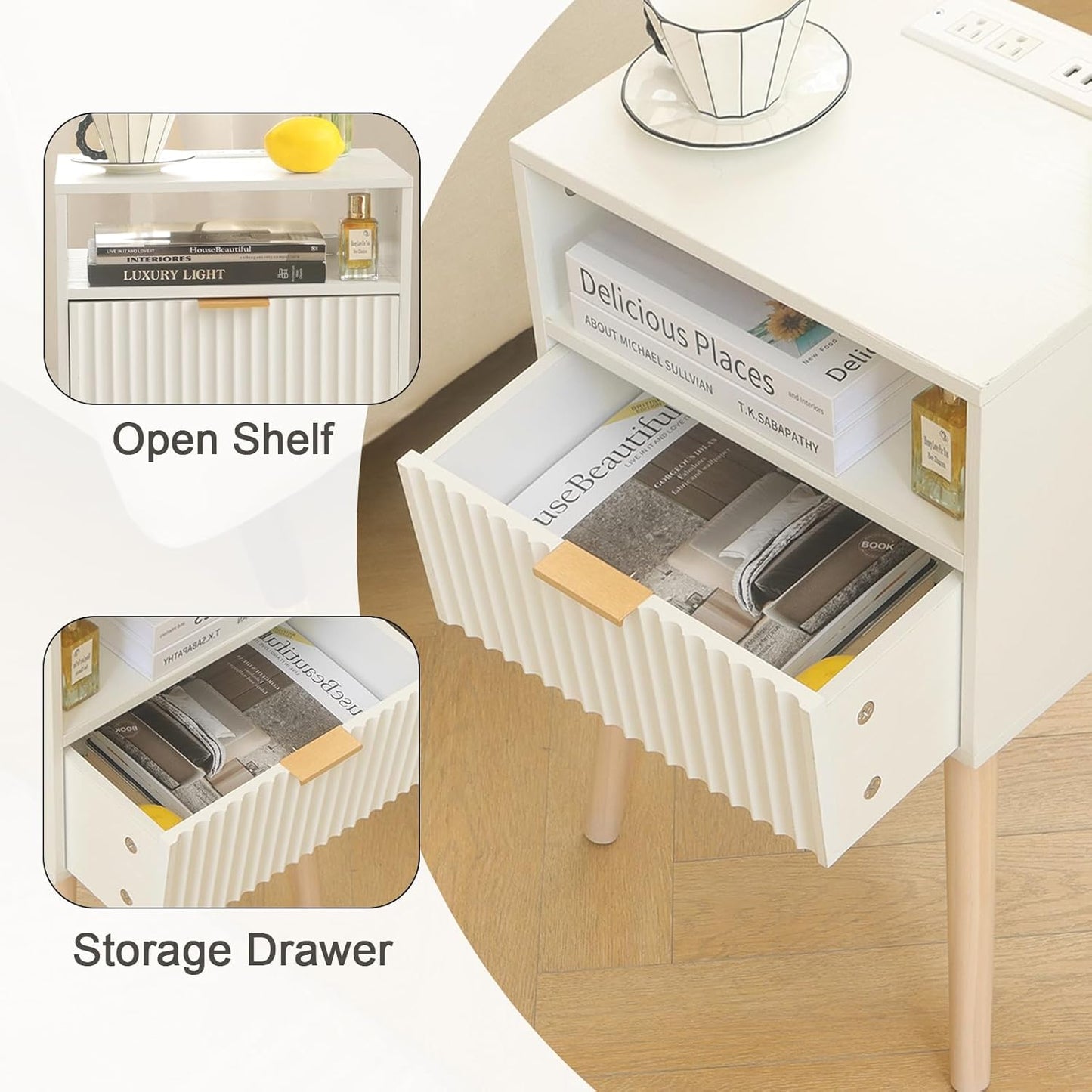 White Nightstand with Charging Station, Modern Bedside Table with Drawer and Solid Wood Legs, Fluted End Side Table for Bedroom, Dorm and Small Space (White)