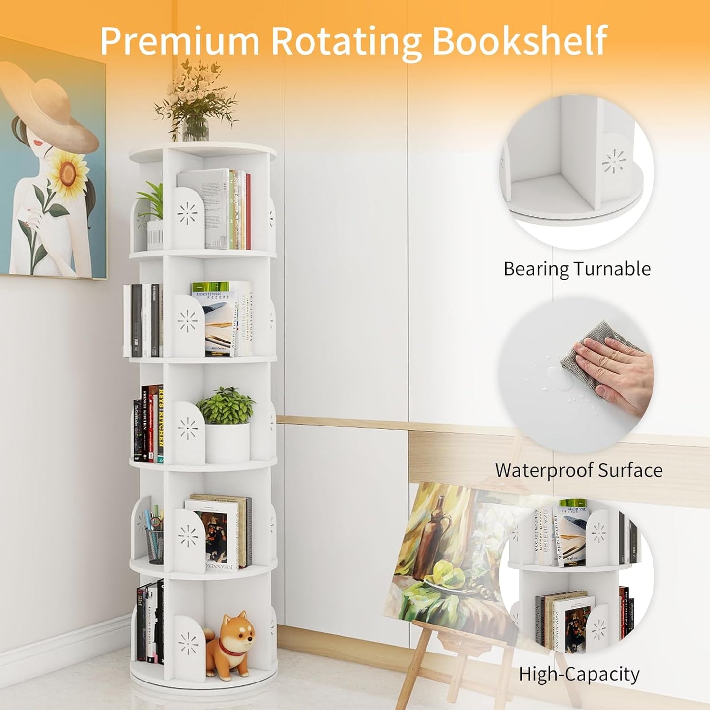 Hestiasko 5 Tier Rotating Bookshelf, 360 Rotating Bookcase, Spinning Bookshelf Tower for Kids & Adults, Corner Book Shelf for Small Space, Revolving Bookcase for Bedroom, Living Room, White