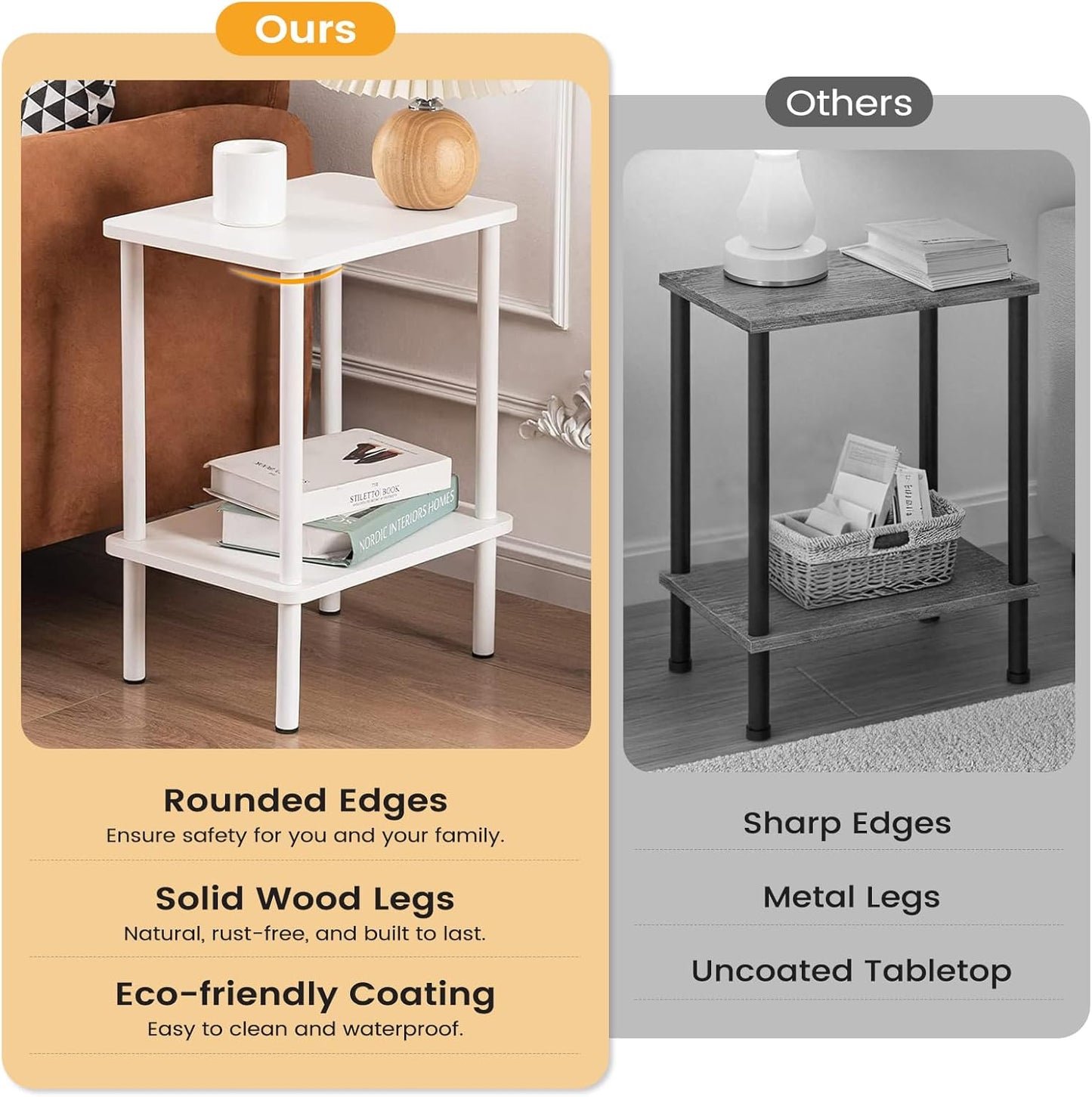 Apicizon 2 Tier End Table, Small Side Table with Solid Wood Legs, Boho Bedside Table with Storage Shelf, Nightstand for Small Spaces, Bedroom, Living Room, Entryway, Farmhouse, Easy Assembly, White