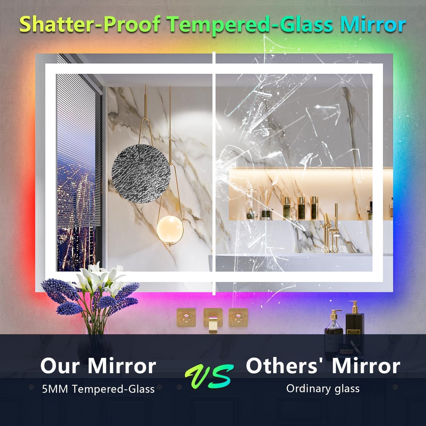 48x38 Inch RGB LED Bathroom Mirror Front Light and RGB Backlit Lighted Vanity Mirror for Bathroom Wall Mounted Dimmable Anti Fog Memory Shatter-Proof IP54 Waterproof Horizontal/Vertical