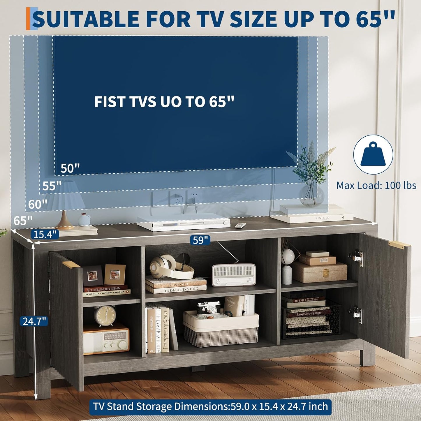 59" TV Stand for TVs Up to 65 Inches, Mid Century Modern TV Entertainment Center with Storage Cabinets & Open Shelves, Wood TV Cabinet for Living Room, Gray Oak