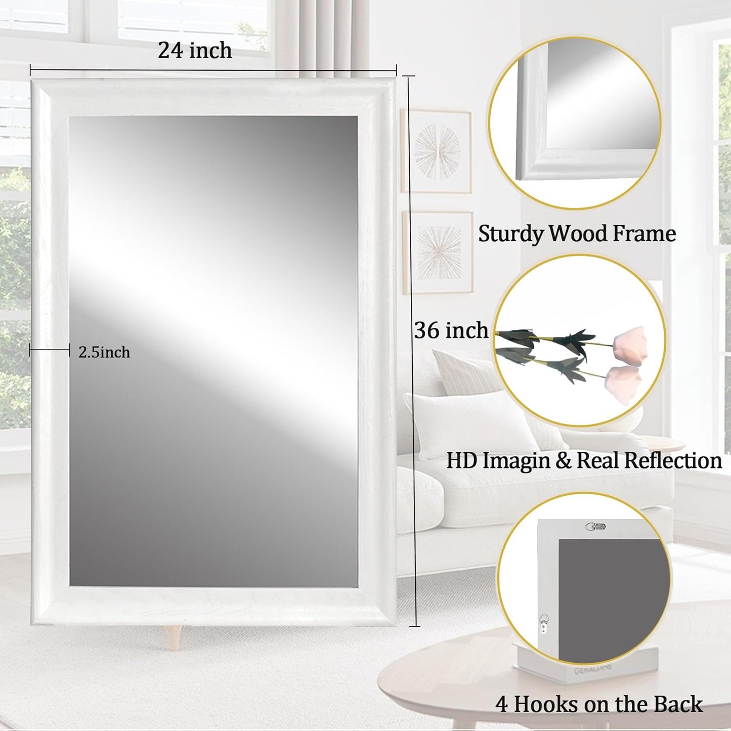 CULER White Wood Wall Mirror for Bathroom,Rectangle Rustic 24 x 36 inch Hanging Vanity Mirrors with Wooden Frame for Living Room,Bedroom,Entryway (24x36 inch, White)