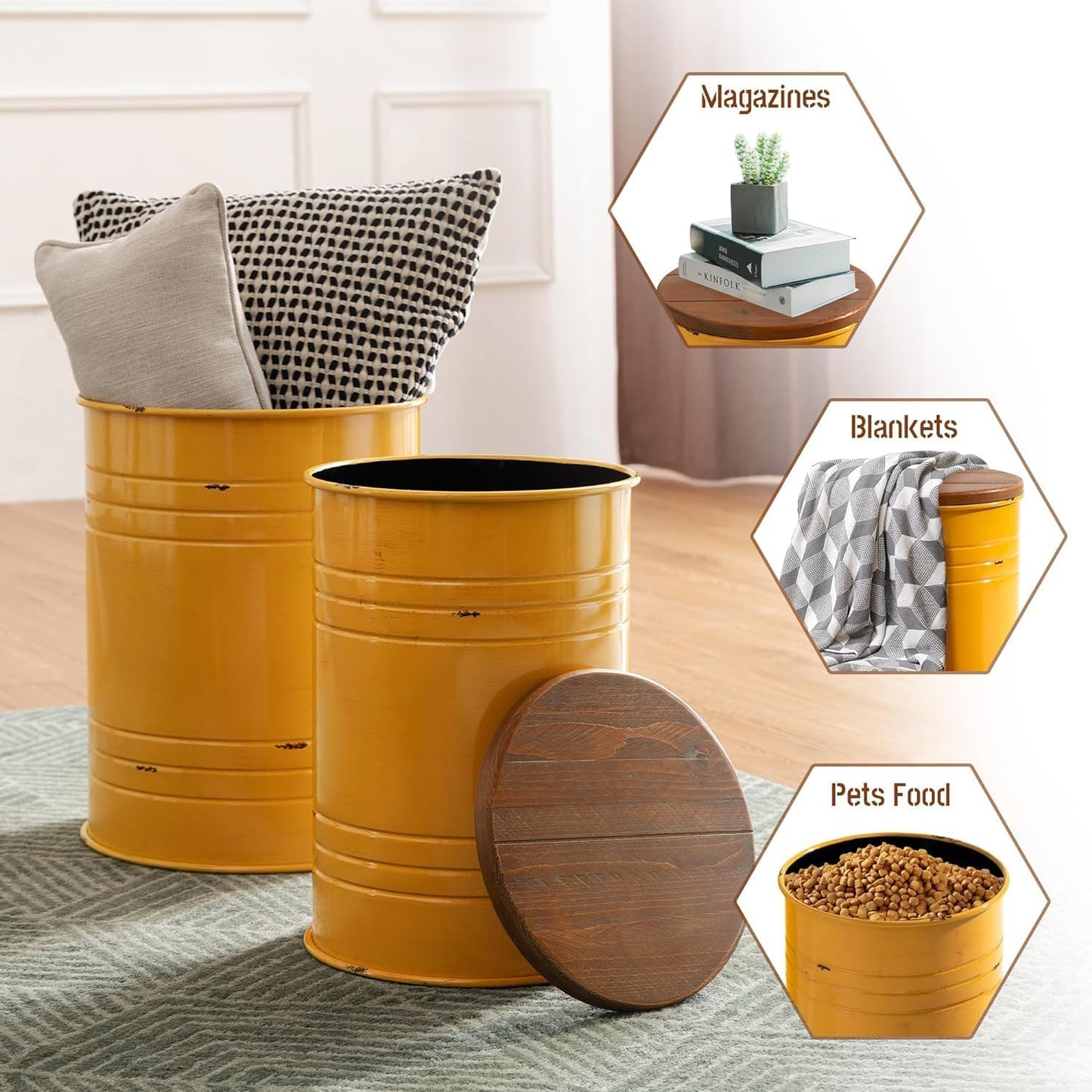 Glitzhome Farmhouse Accent Side Table, Metal Storage Stool Ottoman with Round Lid - Galvanized Coffee Cocktail End Tables Set of 2 for Living Room Bedroom, Yellow