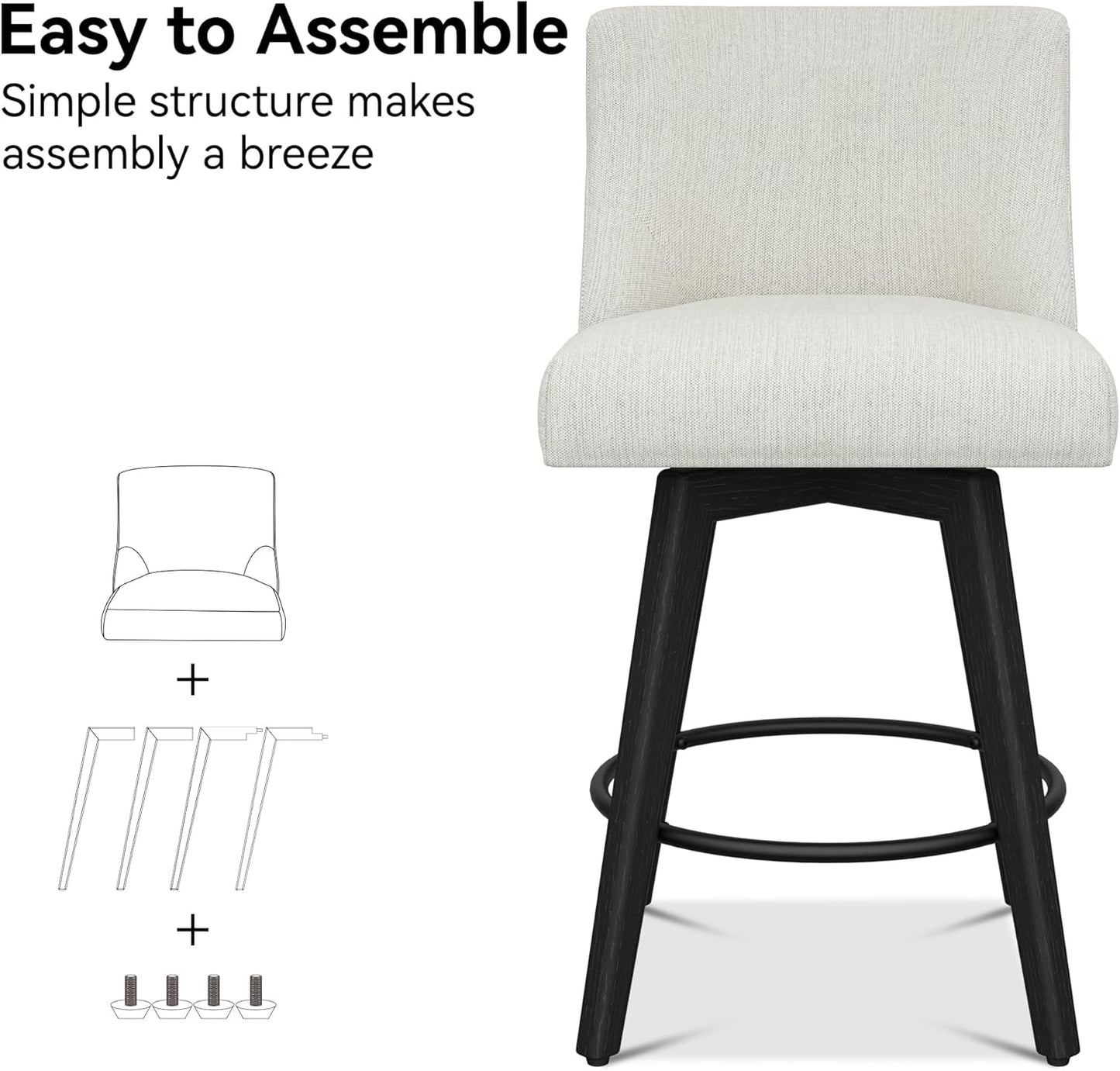 Counter Height Bar Stools Set of 4, Modern Swivel Barstools with Back and Wood Legs, Linen Fabric Upholstered Bar Chairs, 26" H Kitchen Counter Stools, Kitchen Island Home Bar, Ivory