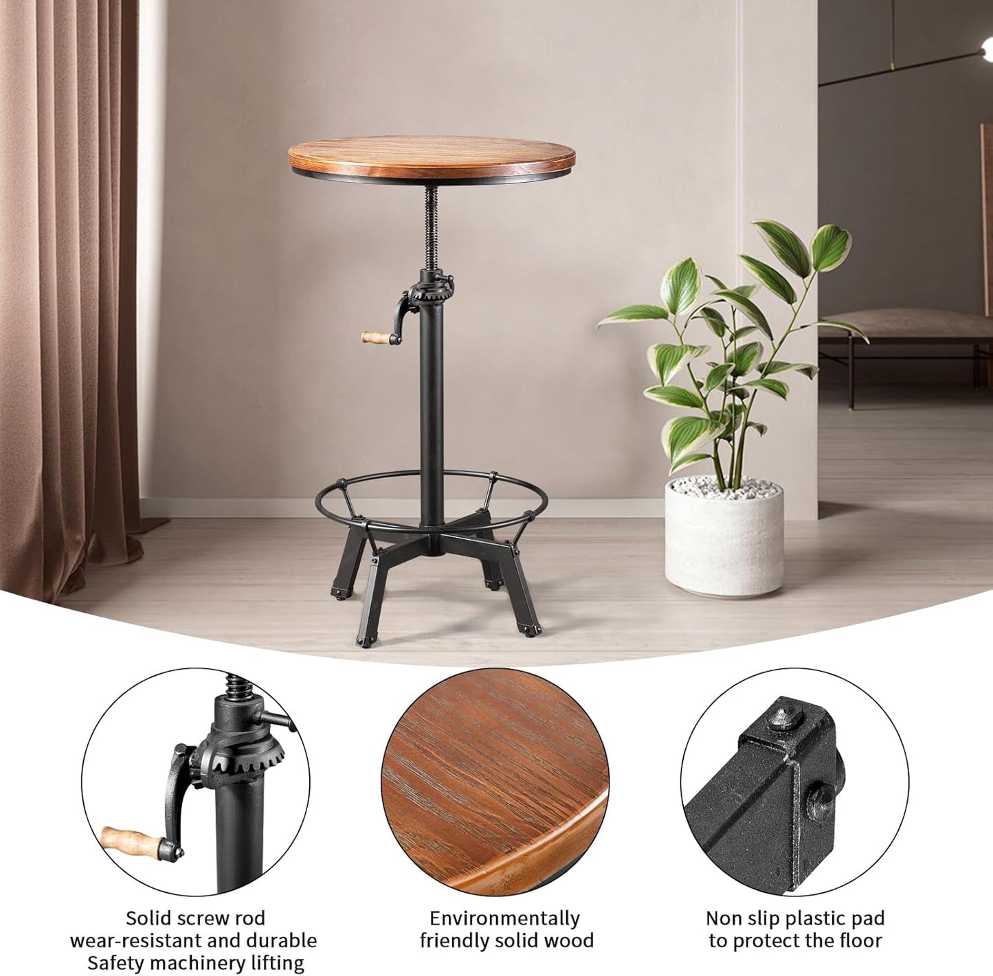 3-Piece Crank Handle Bar Table (33.5"-39.4") & 2 Backrests Stools (26"-32") Set for Pub Kitchen Dining Living Party Bistro Breakfast, Swivel Brown Top, Height Adjustable, Most Weld, Space-Saving