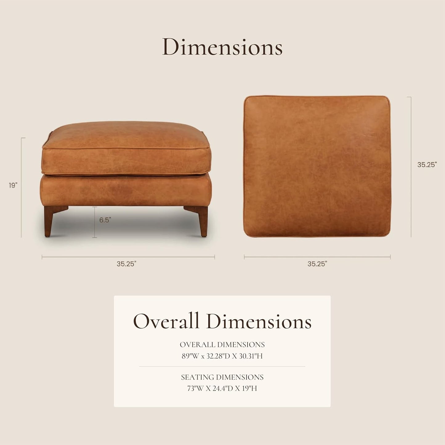 POLY & BARK Essex Ottoman - 35” Large with Feather-Down Topper - Full-Grain Leather Upholstered Ottoman - Couch for Living Room - Vintage Italian Leather in Cognac Tan