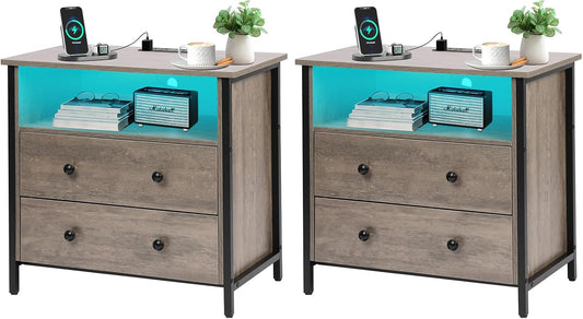 27 Inch Wide Night Stand, Lrage Wood Night Stand Set 2 with 2 Drawers, LED Nightstand with Charging Station and Adjustable Drawer, Bedside Table for Living Room/Bedroom/Study/Office, Gray.
