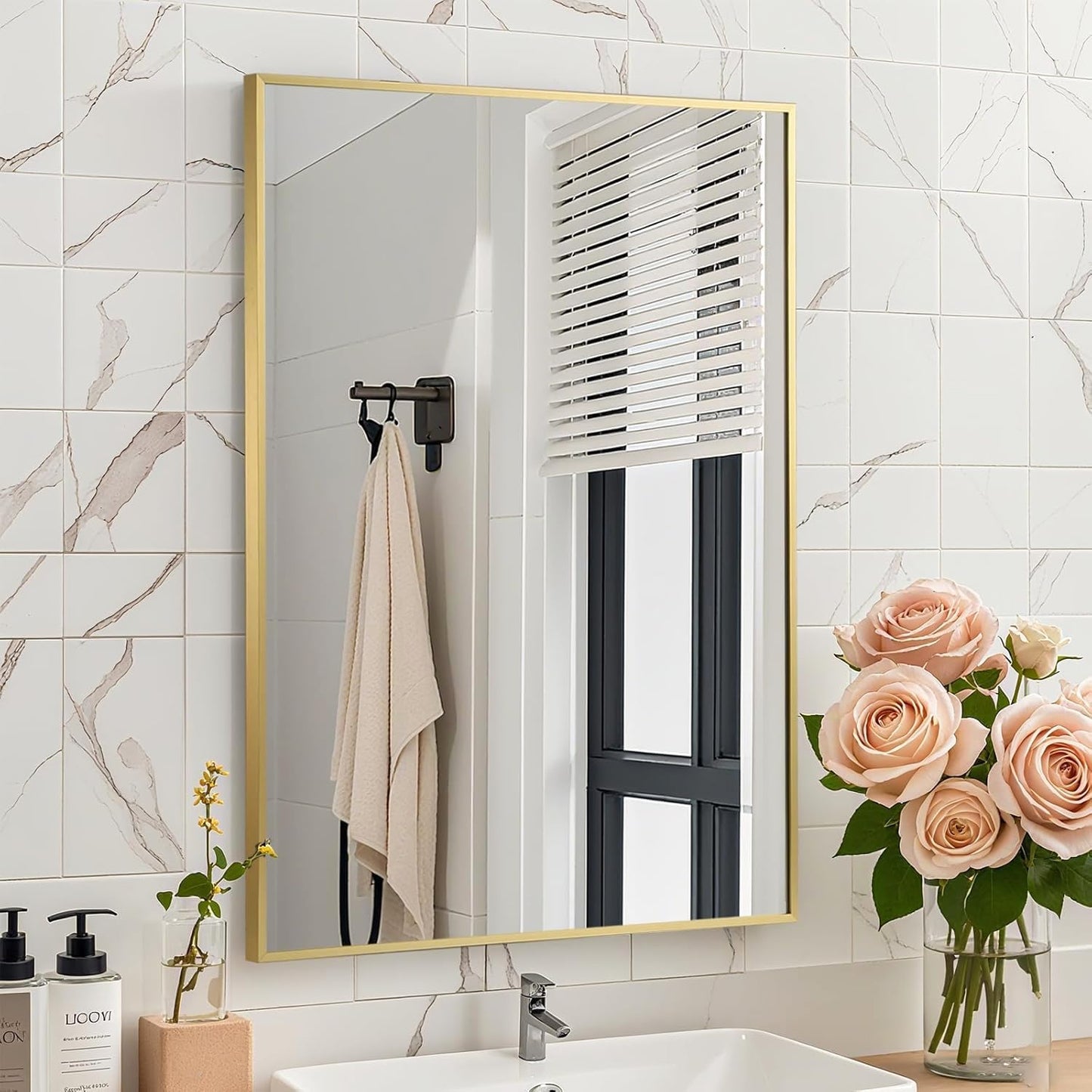 Brushed Gold Mirror, 24x36 Inch Aluminum Framed Rectangle Mirror, Anti-Rust, Tempered Glass, Square Corner Wall Mirror for Over Sink, Vanity, Bedroom, Entryway, Horizontal/Vertical