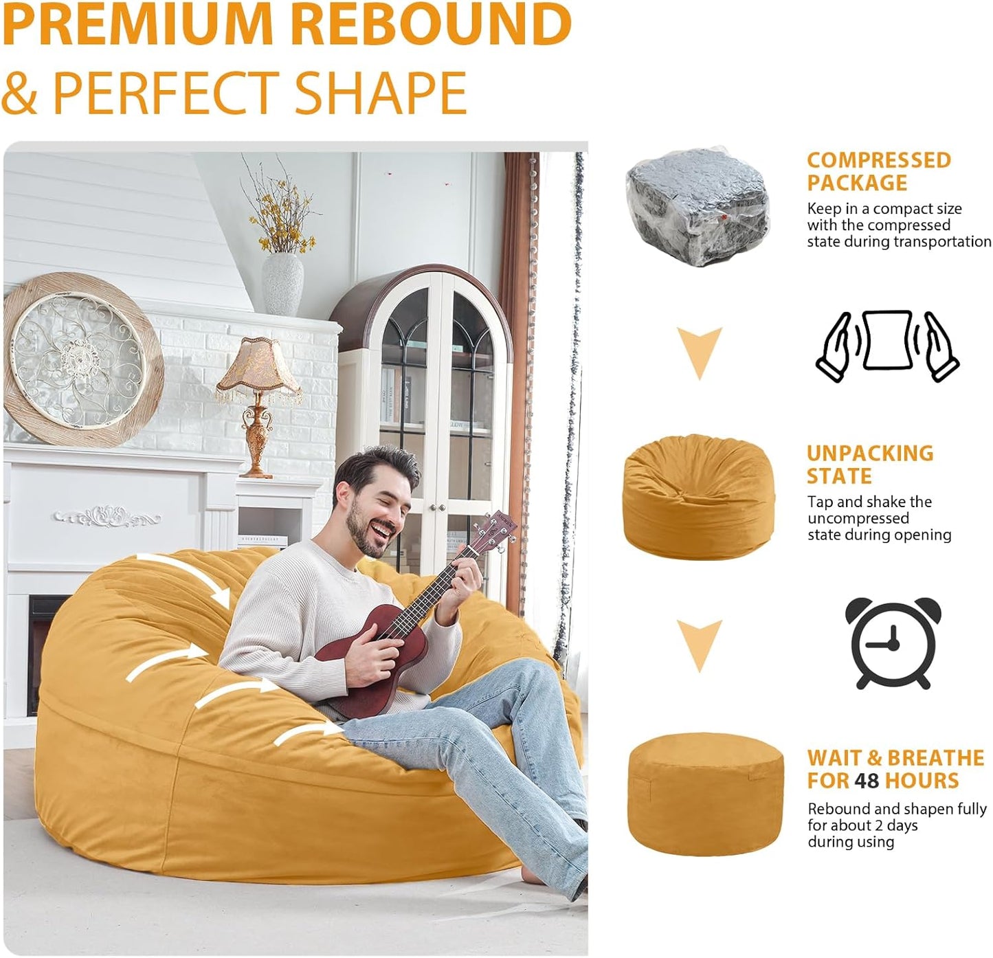 5FT Bean Bag Chair, Large Bean Bag Chairs with Memory Foam Filled, Fluffy Beanbag Sofa with Dutch Velvet Cover, Round BeanBag Chairs for Living Room, Playroom - Mustard