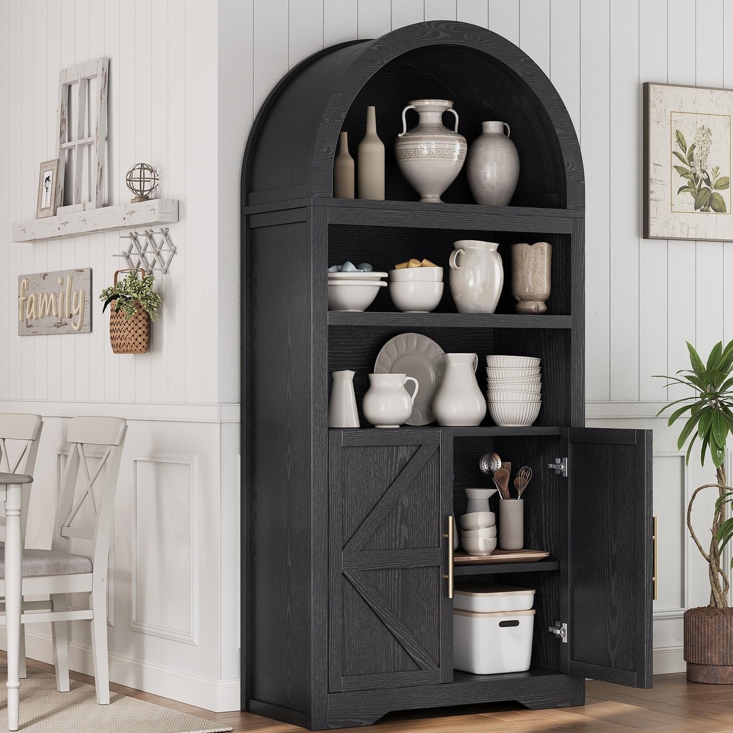 Arched Bookshelf Bookcase China Pantry Storage Cabinet with Doors and Shelves,Kitchen Pantry Cabinet,71“ Tall Food Pantry Furniture for Living Room, Dining Room (Black)