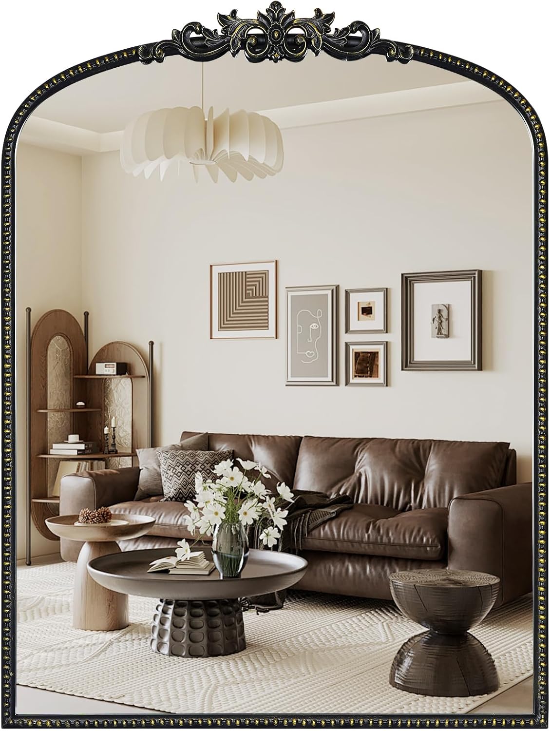 WallBeyond Gold Vintage Arched Wall Mirror, 24x32 Inch, Black Iron Frame, Bathroom, Living Room, Entryway