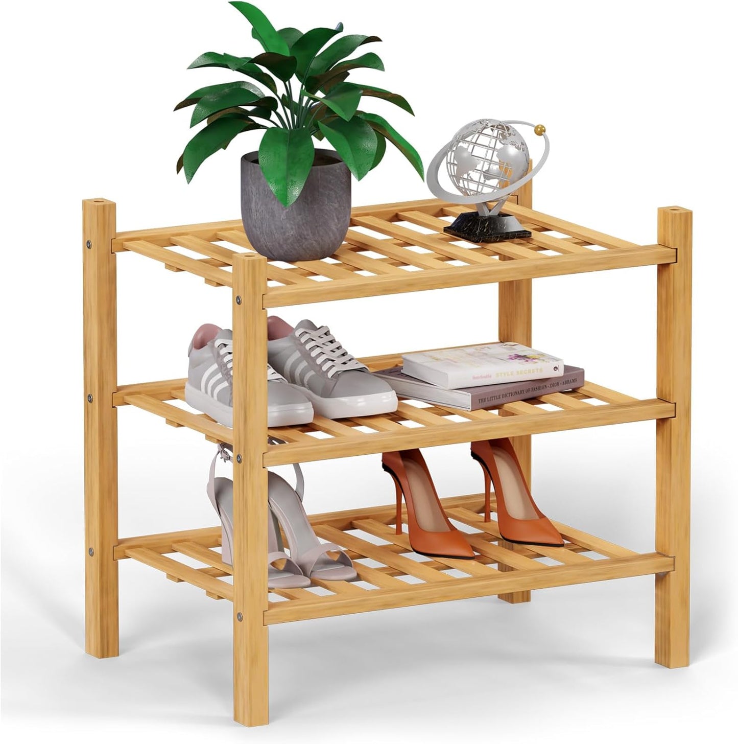 Haddockway small 3 Tier Bamboo Shoe Rack Storage Organizer,Multifunctional Free Standing Stackable Shoe Shelf with Grid Panel for Closet,Hallway,Entryway,Small Space 18"x11"x17"(Natural, 3-Tier Small)