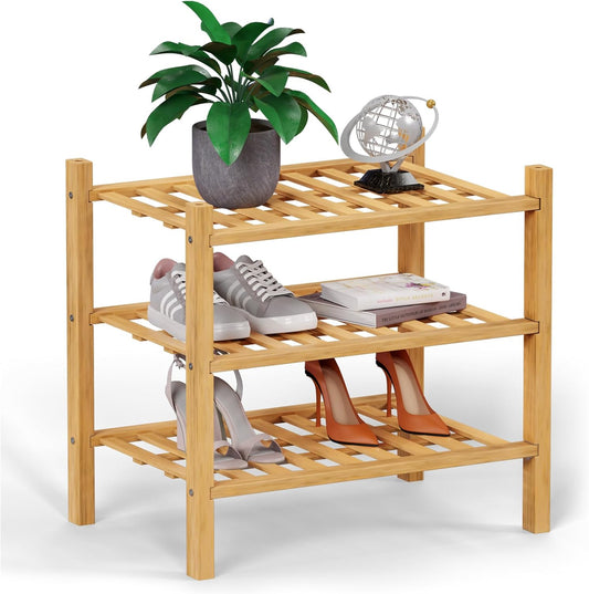 Haddockway small 3 Tier Bamboo Shoe Rack Storage Organizer,Multifunctional Free Standing Stackable Shoe Shelf with Grid Panel for Closet,Hallway,Entryway,Small Space 18"x11"x17"(Natural, 3-Tier Small)