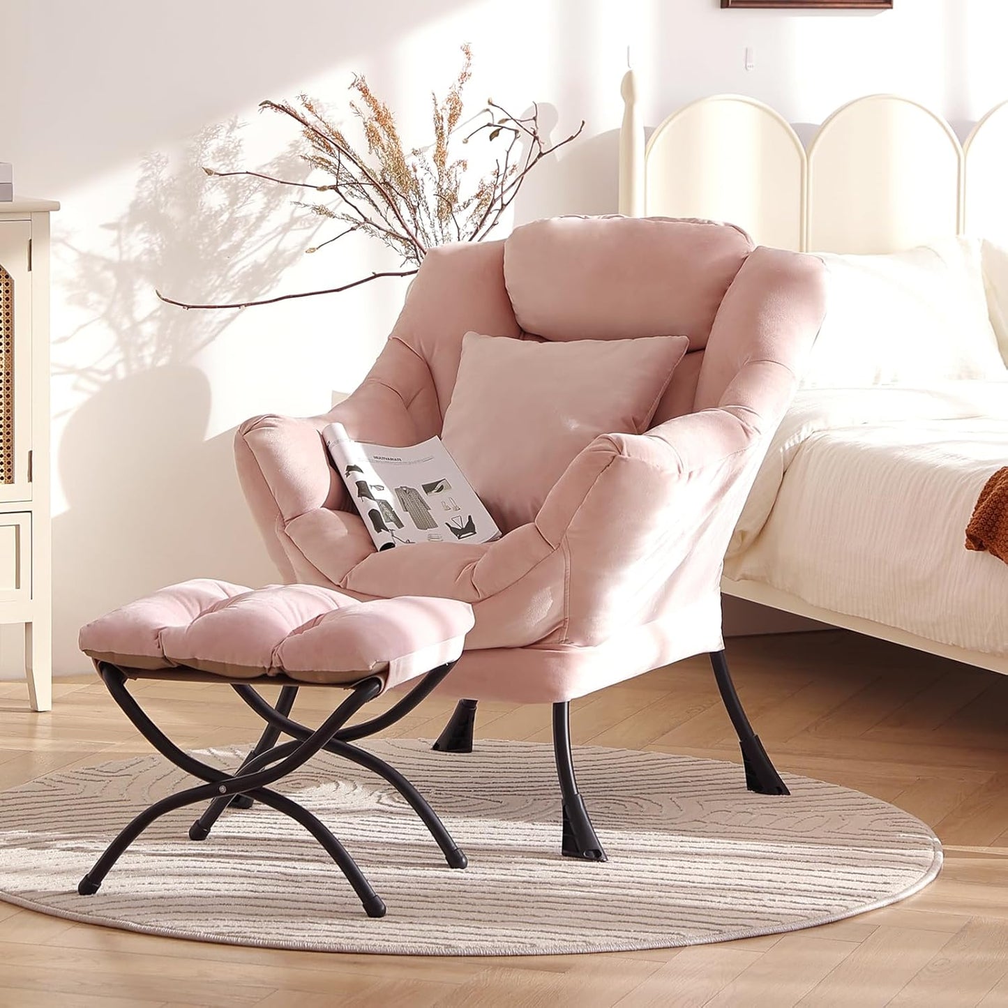 Large Lazy Chair with Ottoman, Accent Reading Chair with a Throw Pillow, Cozy Lounge Armchair, Leisure Sofa Chair for Living Room, Bedroom, Dorm, Velvet Pink