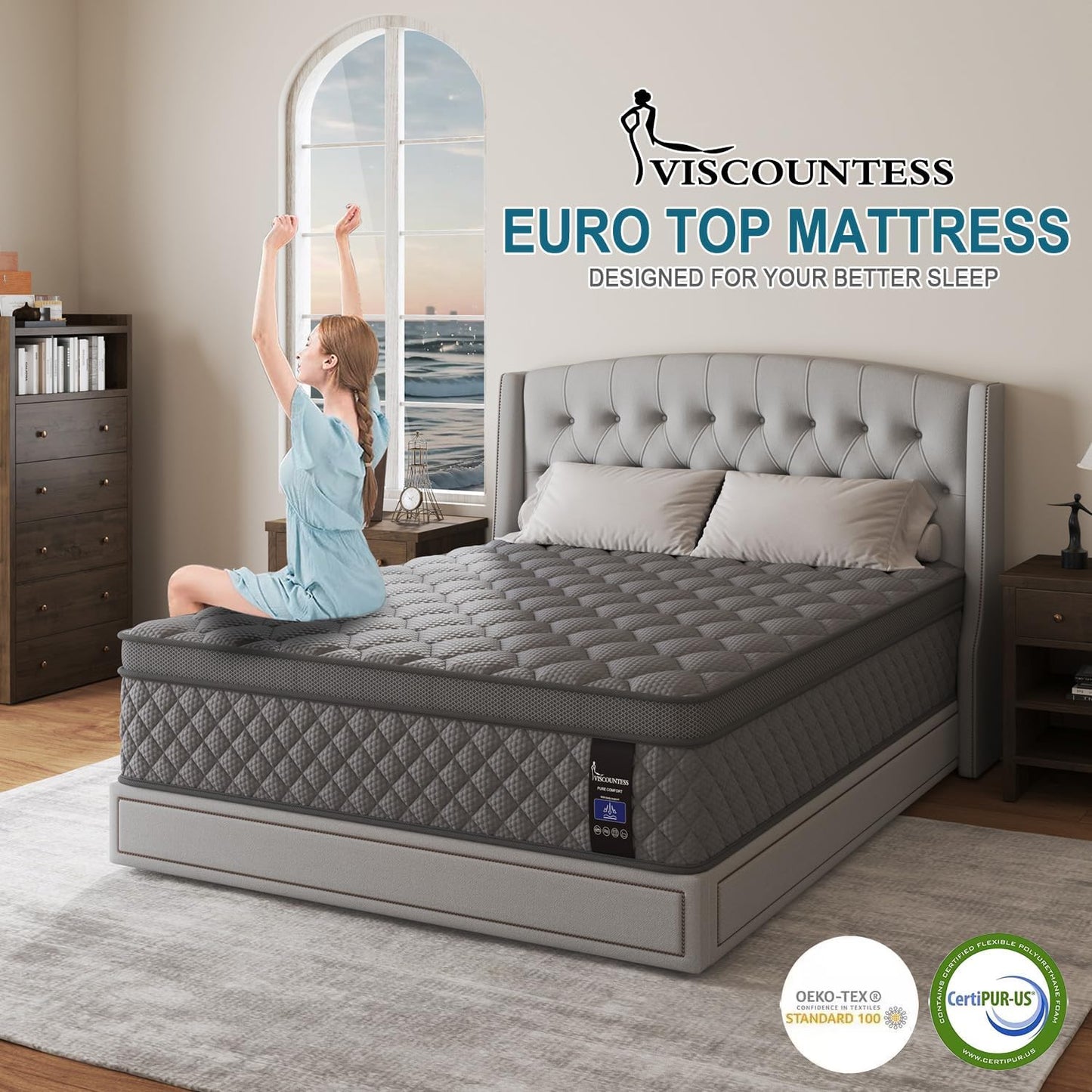 Twin Mattress, 14 Inch Hybrid Mattresses Grey Euro Top Medium Firm for Back & Lumbar Support, 100 Night Trial, Individual Pocket Spring Bed for Motion Isolation & Pressure Relief