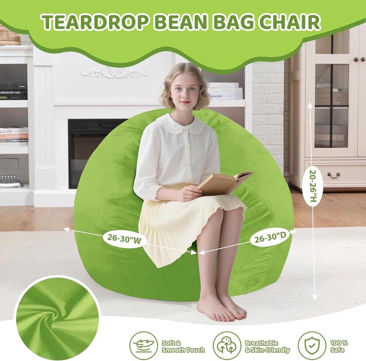 2FT Bean Bag Chair, Comfy Bean Bag Chairs with Memory Foam Filled, Fluffy Beanbag Sofa with Dutch Velvet Cover, Teardrop BeanBag Chairs for Living Room, Playroom - Lime