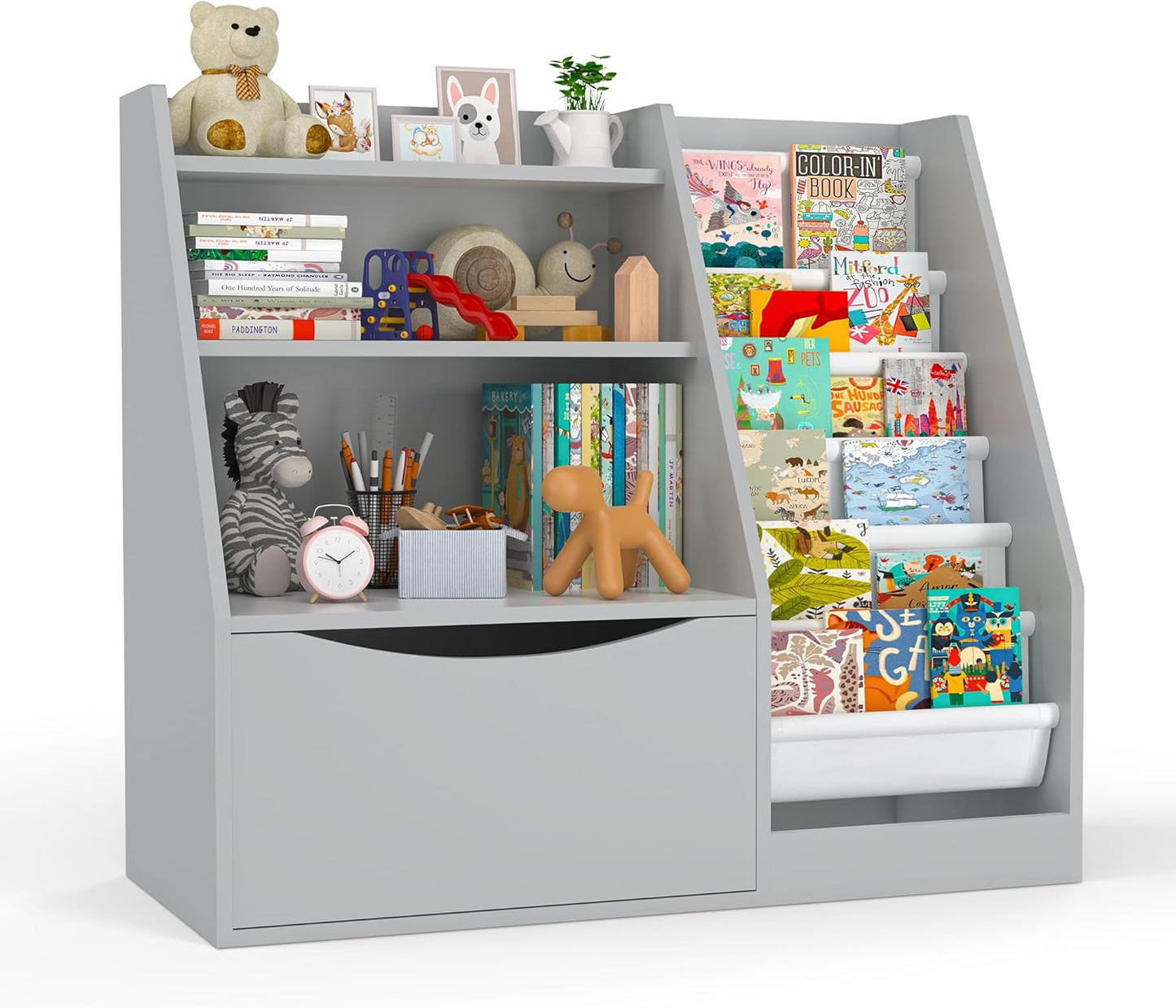 TOETOL Kids Bookshelf & Book Storage,3 Tier Wooden Toddler Bookshelf for Children,Nursery Book Shelves with 6 Sling,Organizer & Book Shelf for Kids Rooms,Bedroom,Playroom Gary